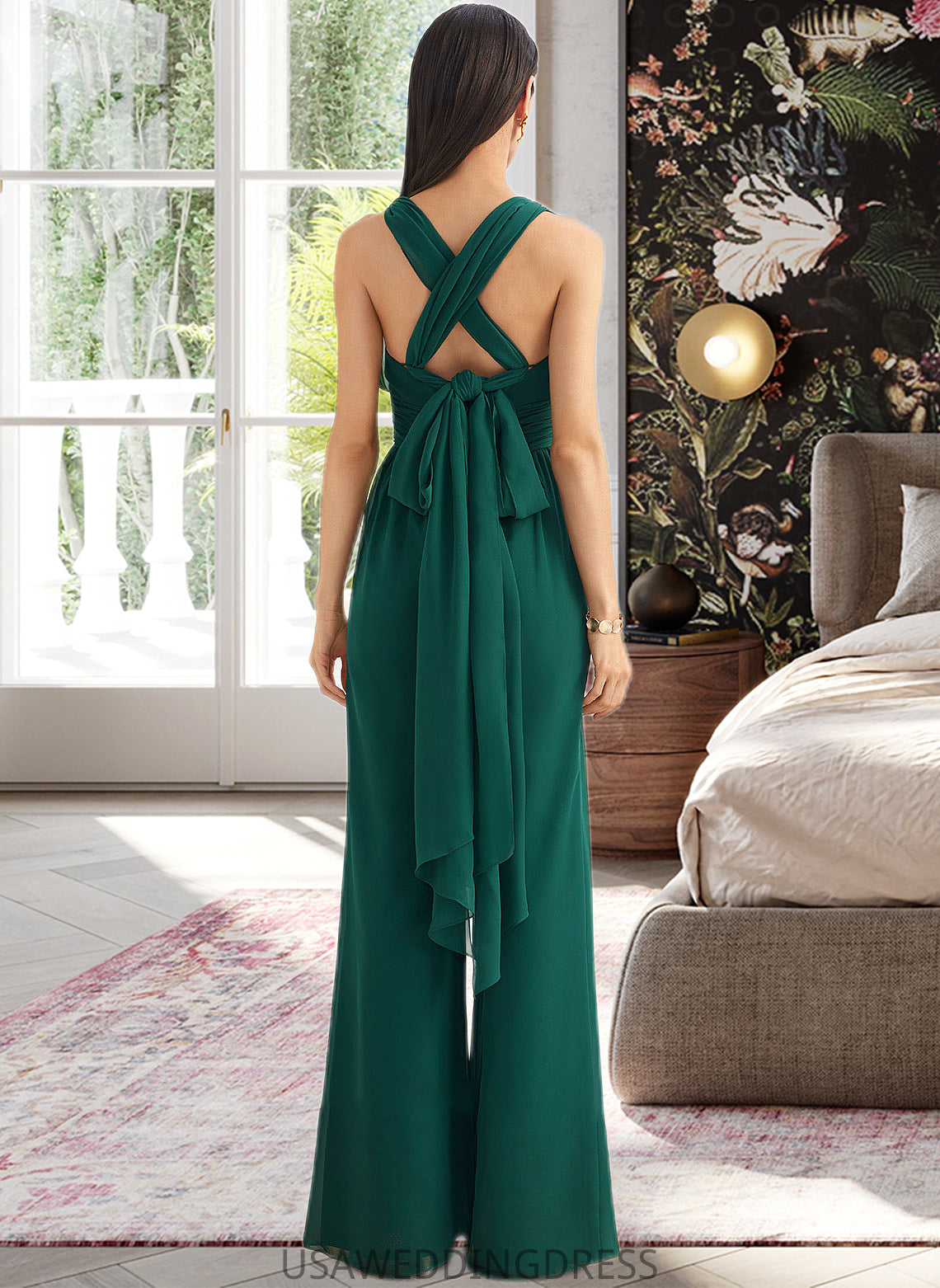 Taniyah Jumpsuit/Pantsuit One-Shoulder Halter V-neck High Neck Floor-Length Bridesmaid Dress With Ruffle DSP0012777