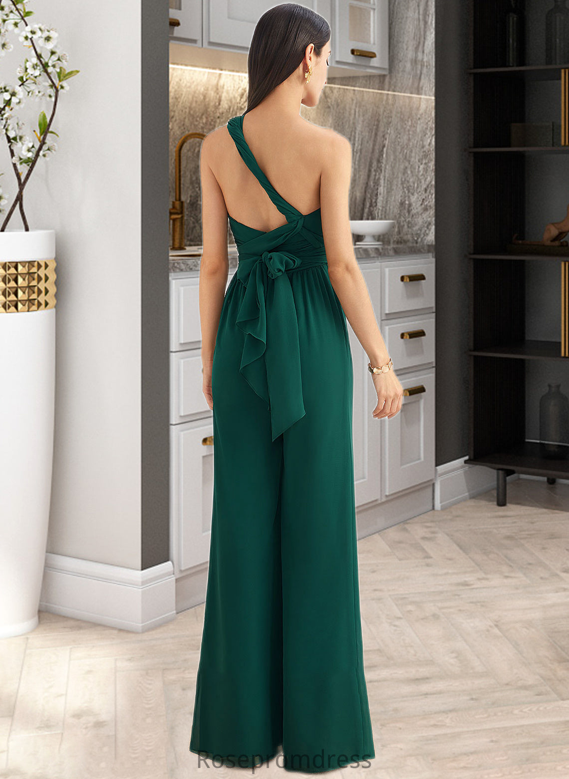 Fiona Jumpsuit/Pantsuit One-Shoulder Halter V-neck High Neck Floor-Length Bridesmaid Dress With Ruffle SRSP0012777