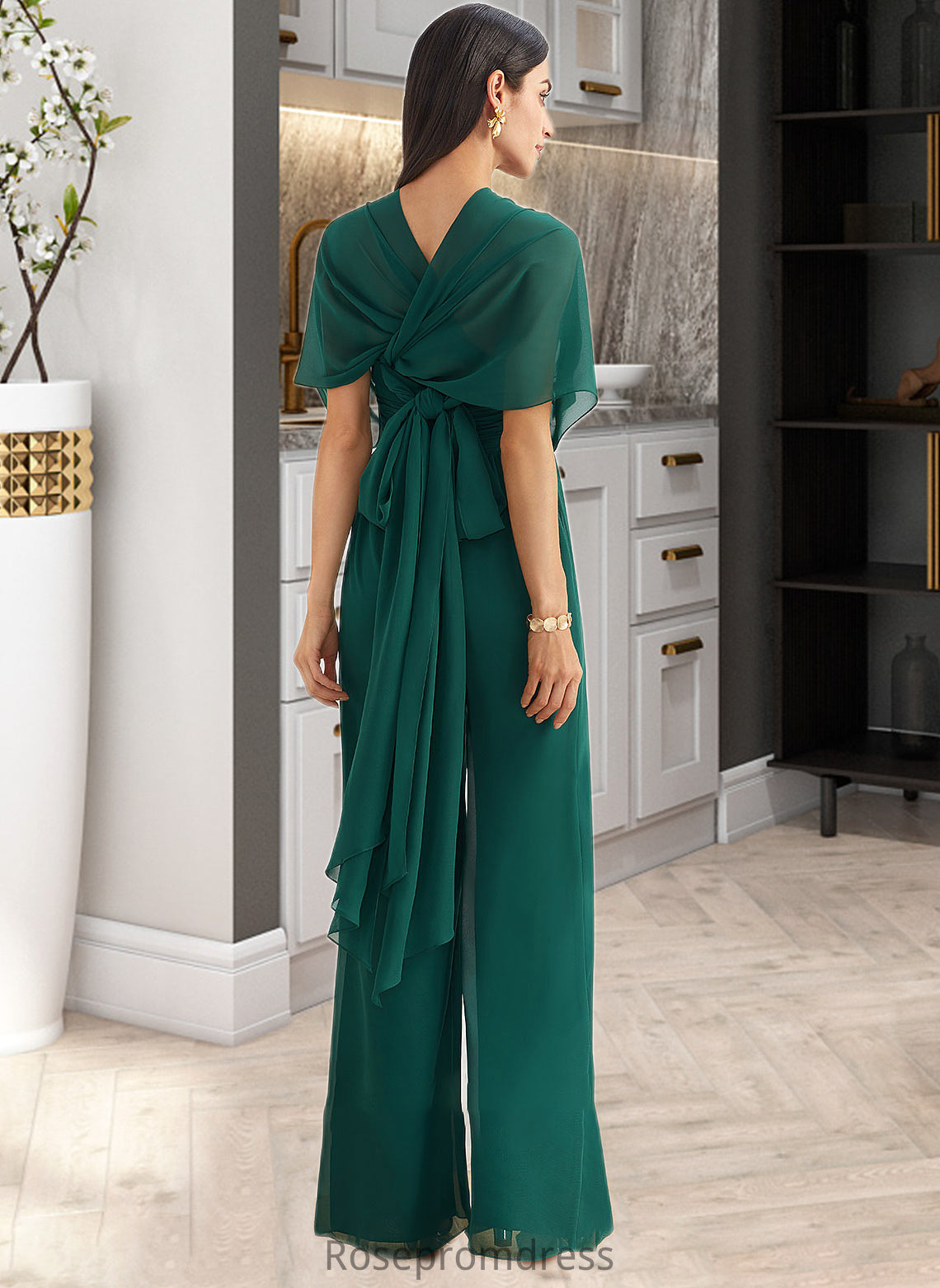 Fiona Jumpsuit/Pantsuit One-Shoulder Halter V-neck High Neck Floor-Length Bridesmaid Dress With Ruffle SRSP0012777
