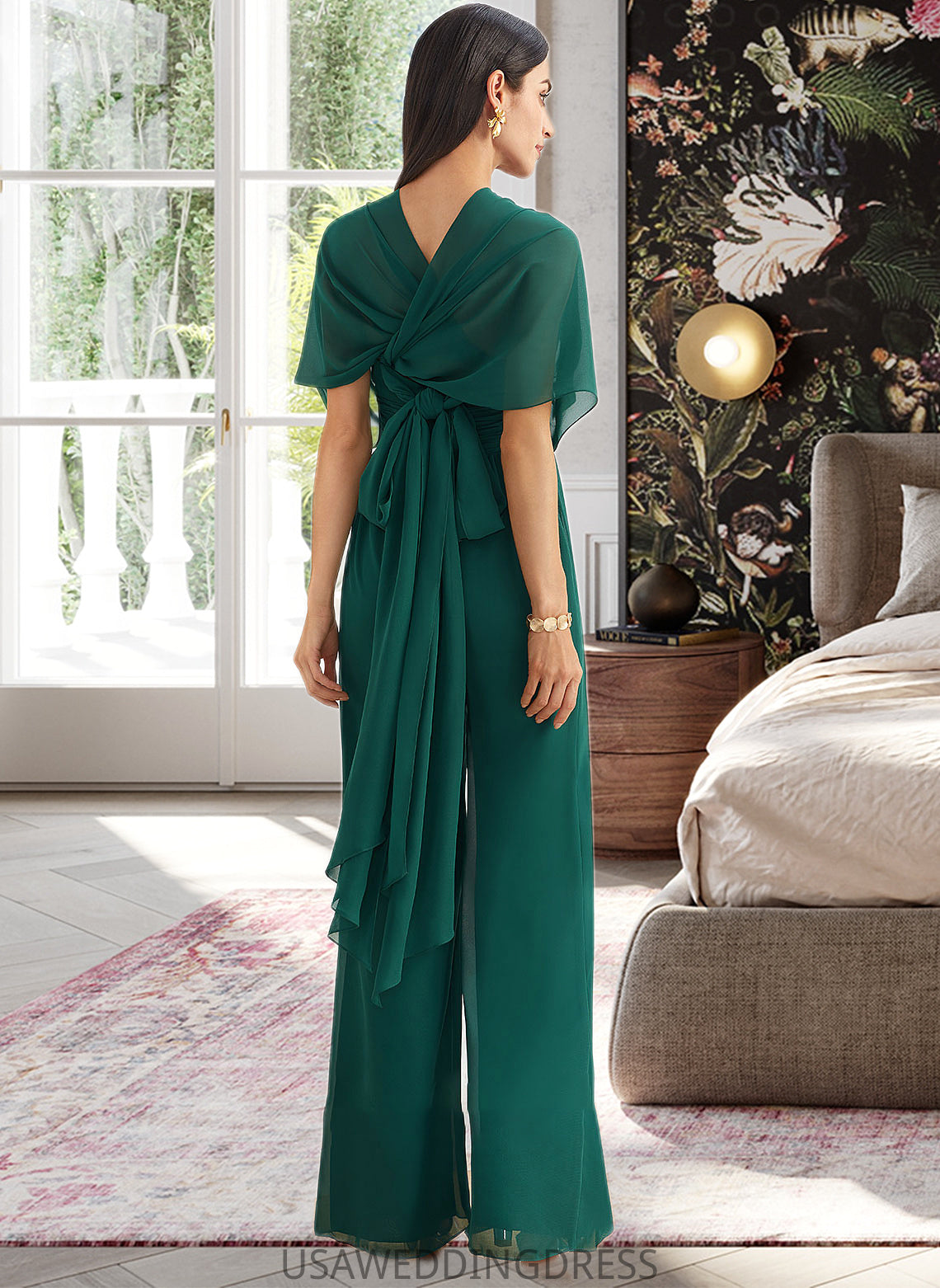 Taniyah Jumpsuit/Pantsuit One-Shoulder Halter V-neck High Neck Floor-Length Bridesmaid Dress With Ruffle DSP0012777