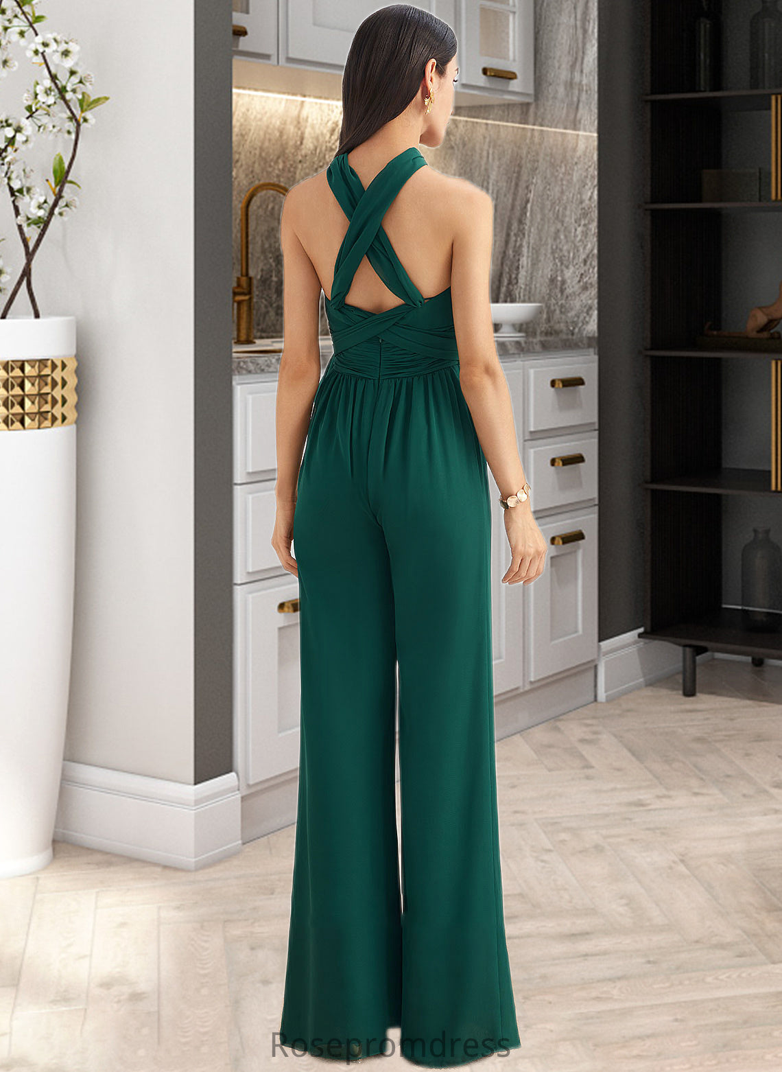 Fiona Jumpsuit/Pantsuit One-Shoulder Halter V-neck High Neck Floor-Length Bridesmaid Dress With Ruffle SRSP0012777