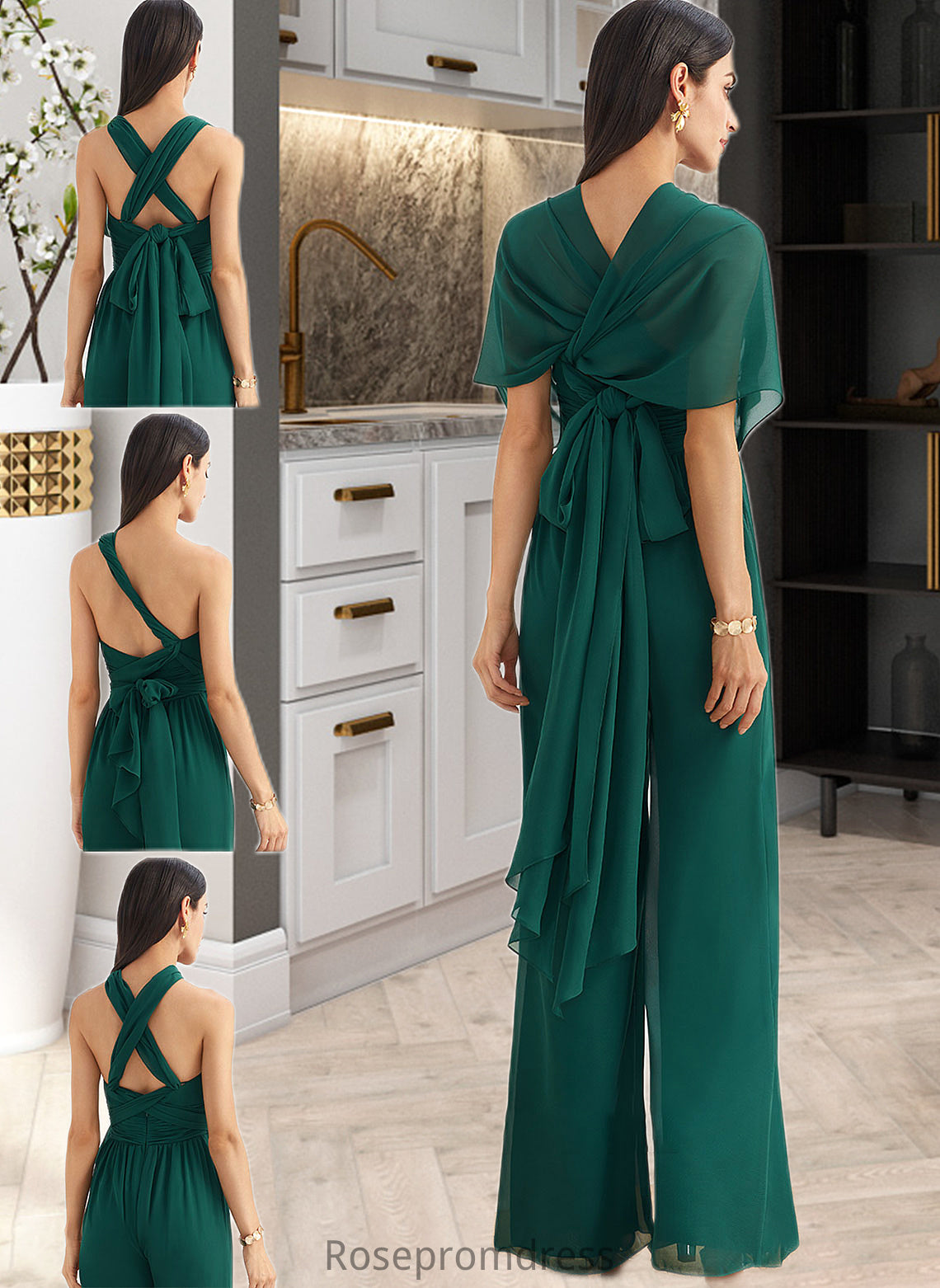 Fiona Jumpsuit/Pantsuit One-Shoulder Halter V-neck High Neck Floor-Length Bridesmaid Dress With Ruffle SRSP0012777