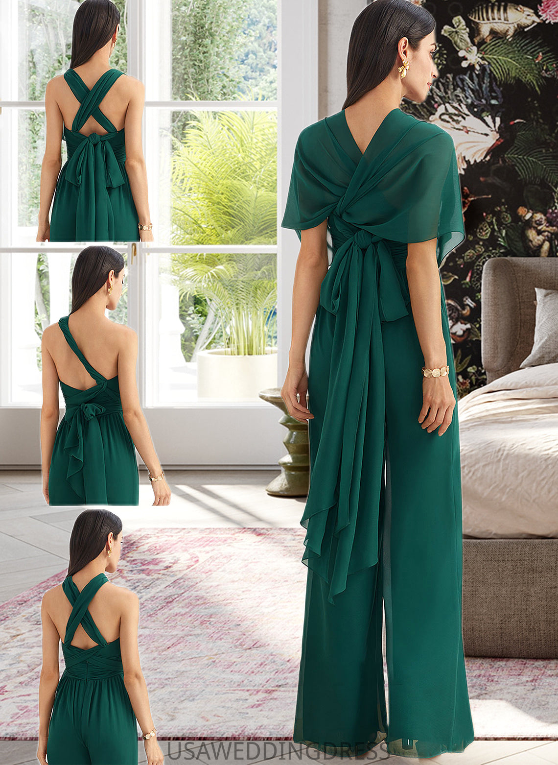 Taniyah Jumpsuit/Pantsuit One-Shoulder Halter V-neck High Neck Floor-Length Bridesmaid Dress With Ruffle DSP0012777