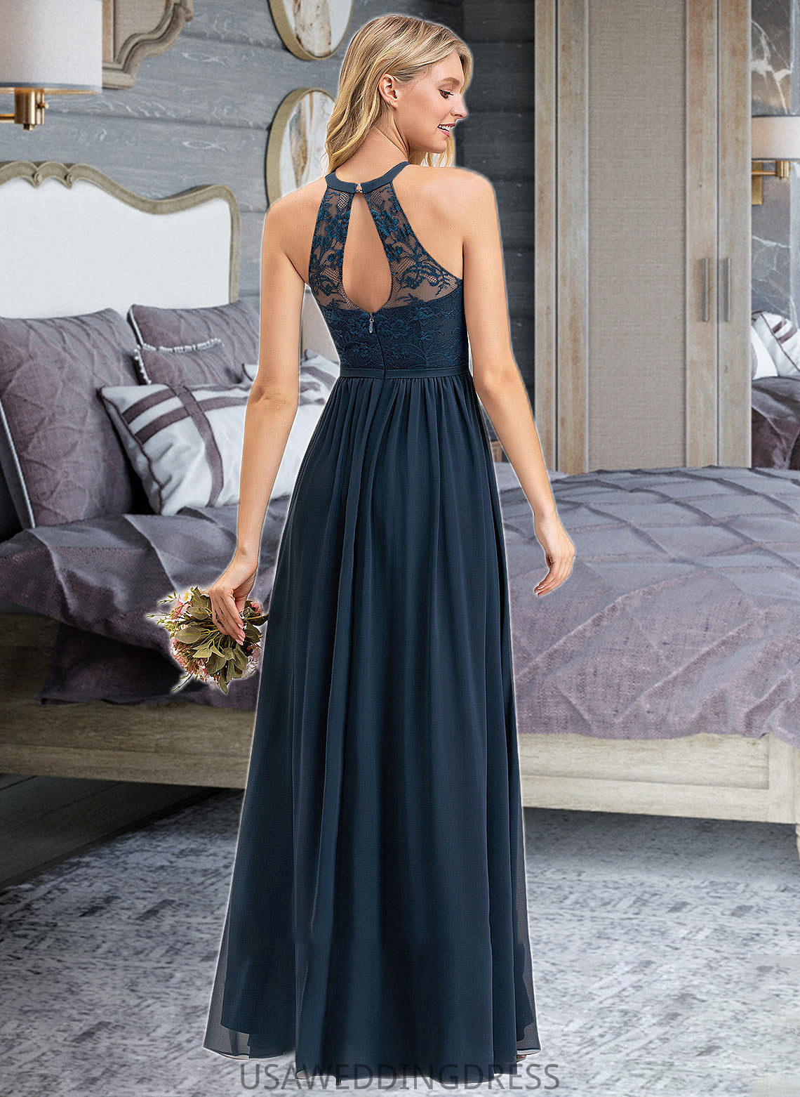 Joslyn A-Line Scoop Neck Floor-Length Chiffon Lace Bridesmaid Dress With Split Front DSP0012778