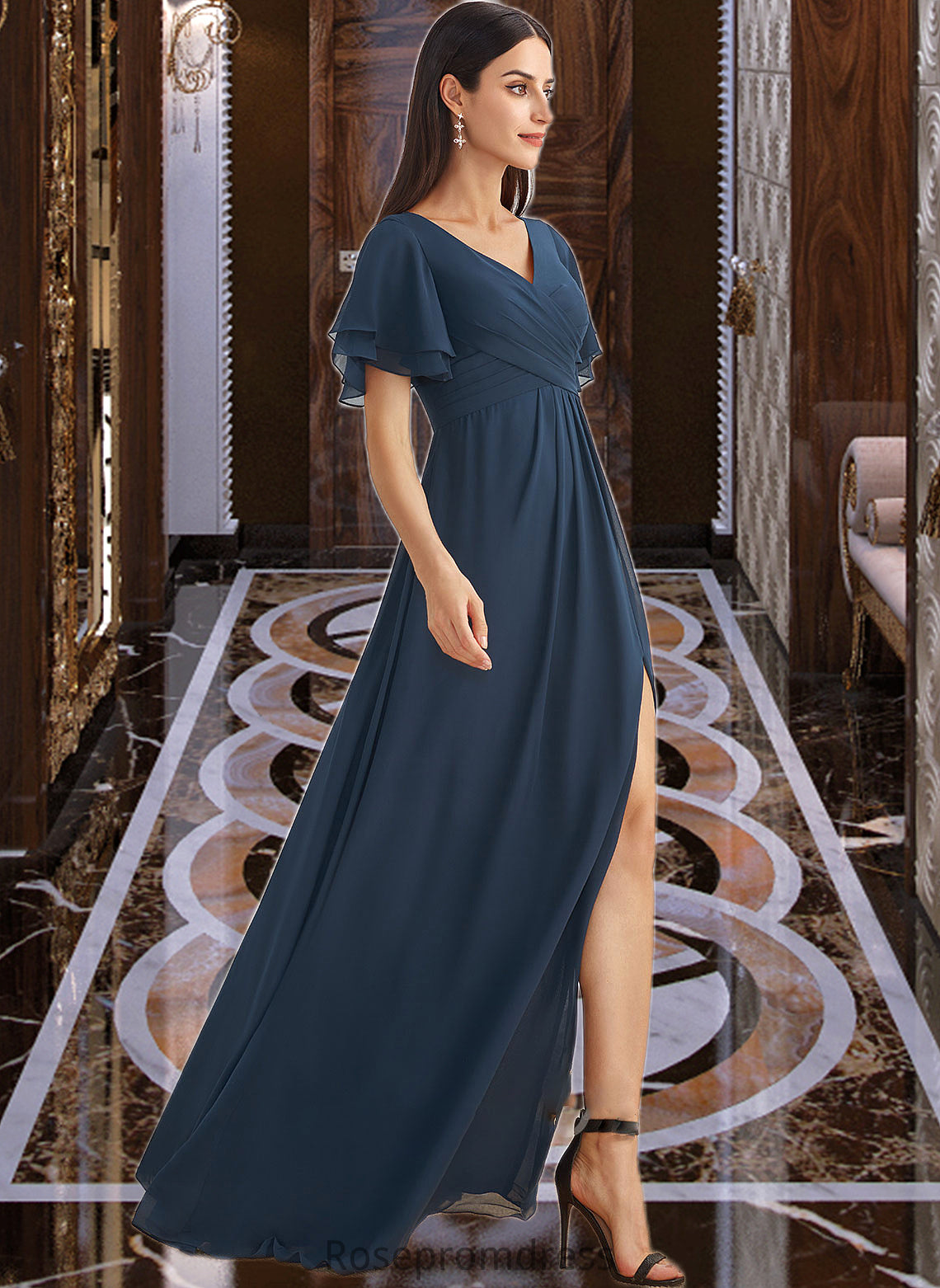 Bethany A-Line V-neck Floor-Length Bridesmaid Dress With Split Front SRSP0012781