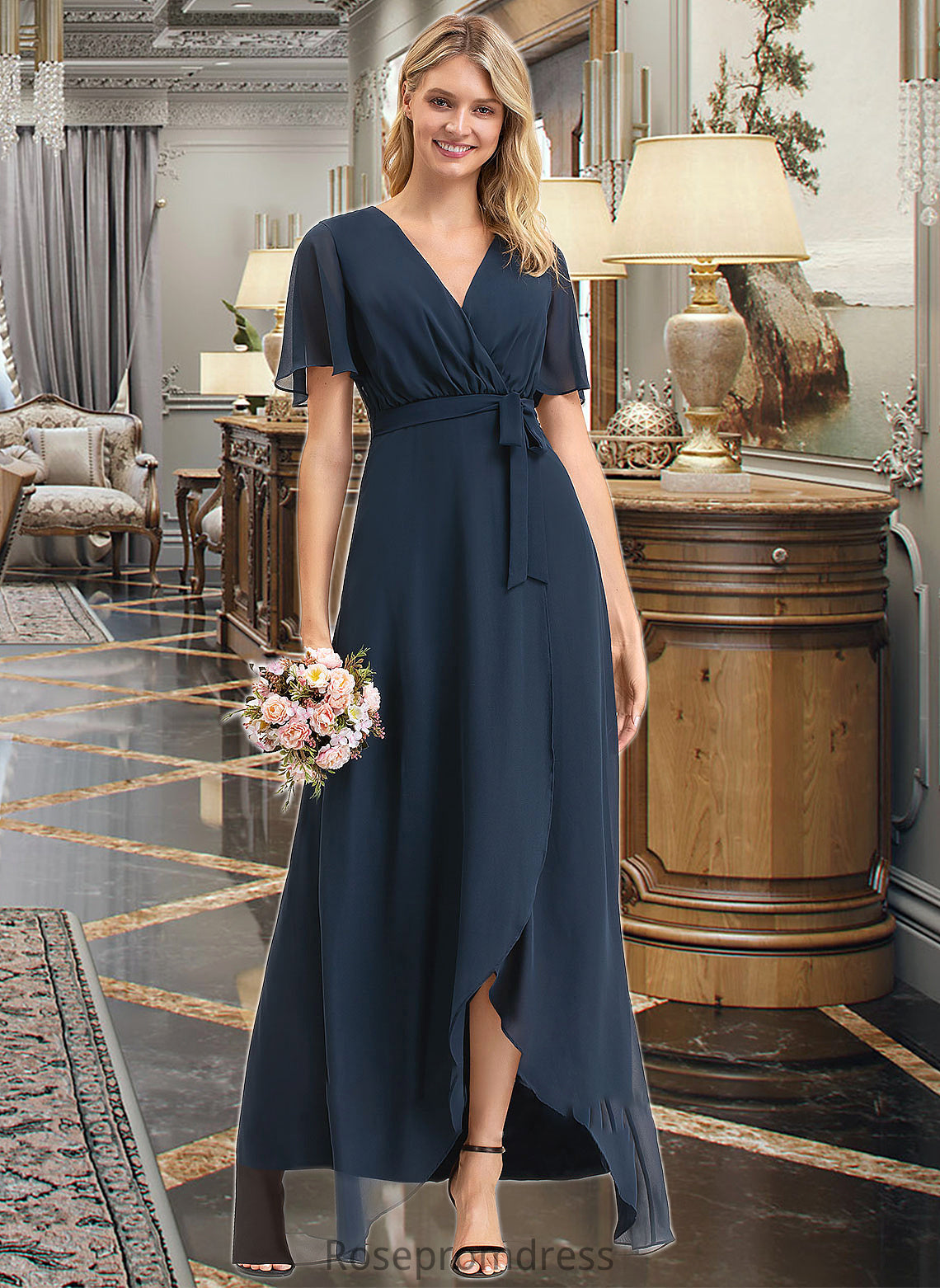 Tori A-Line V-neck Asymmetrical Chiffon Bridesmaid Dress With Bow(s) SRSP0012783