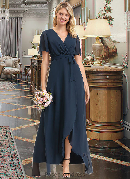 Tori A-Line V-neck Asymmetrical Chiffon Bridesmaid Dress With Bow(s) SRSP0012783