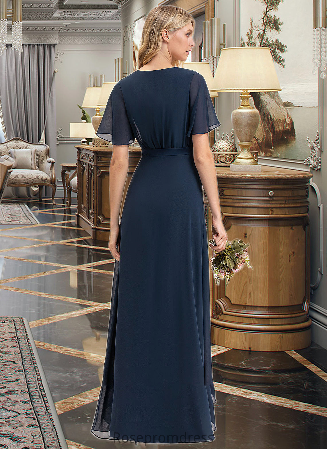 Tori A-Line V-neck Asymmetrical Chiffon Bridesmaid Dress With Bow(s) SRSP0012783