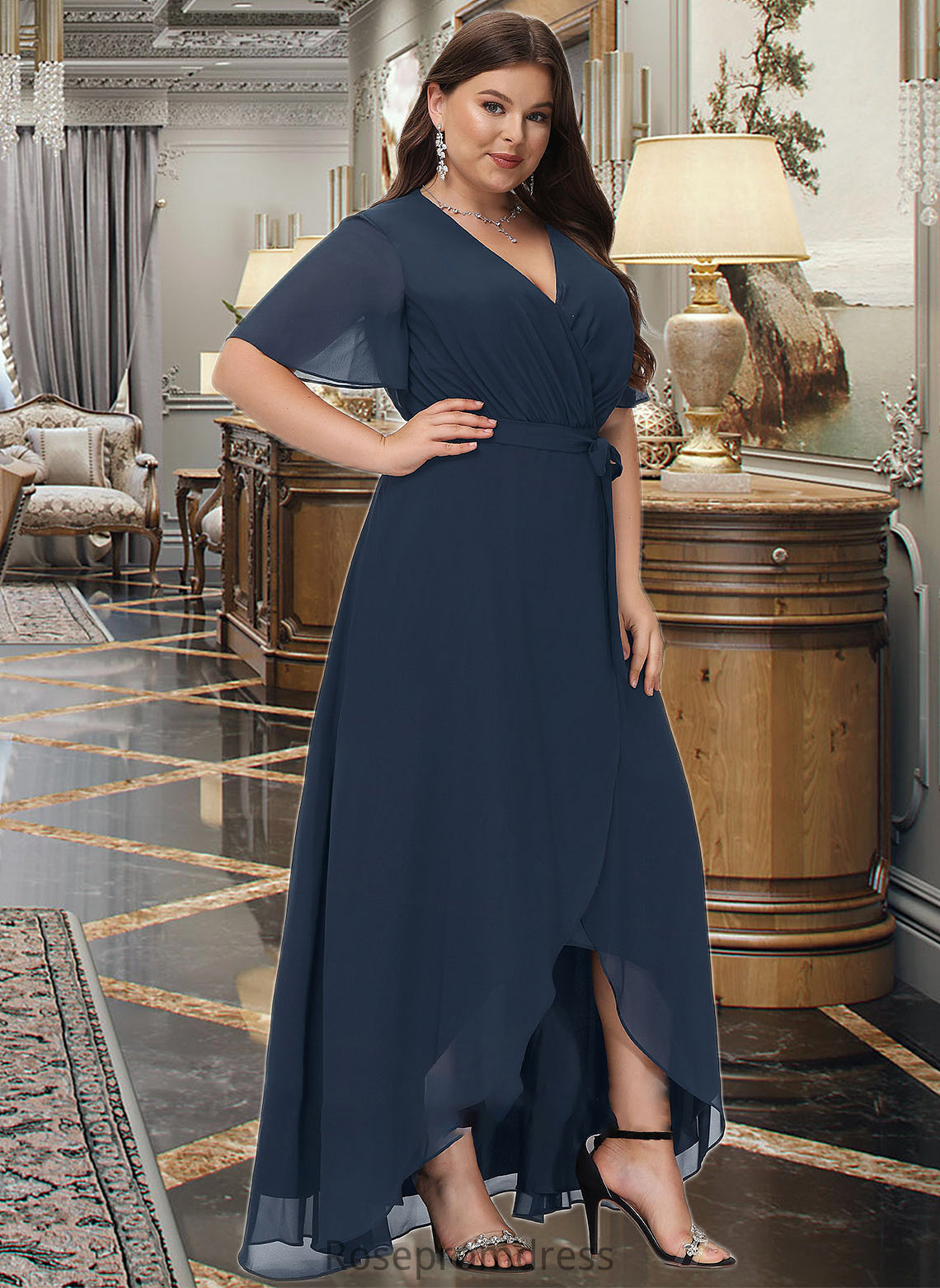 Tori A-Line V-neck Asymmetrical Chiffon Bridesmaid Dress With Bow(s) SRSP0012783