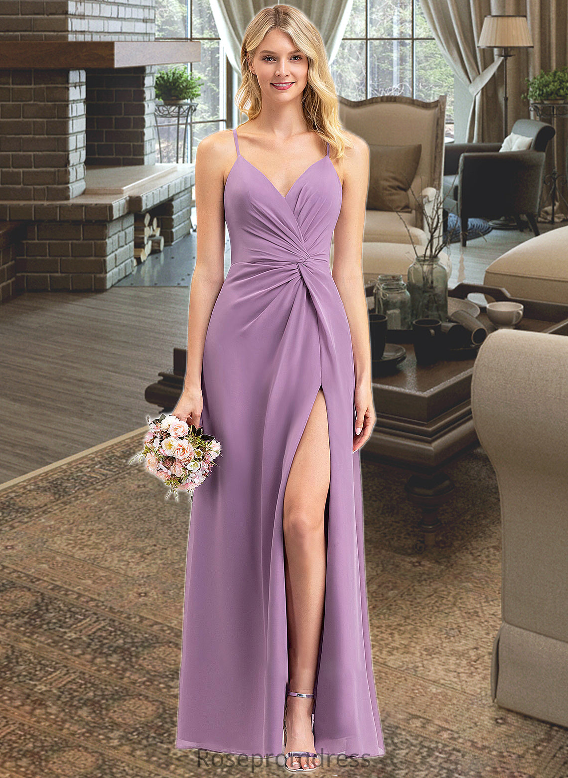 Azaria A-Line V-neck Floor-Length Chiffon Bridesmaid Dress With Ruffle Split Front SRSP0012784