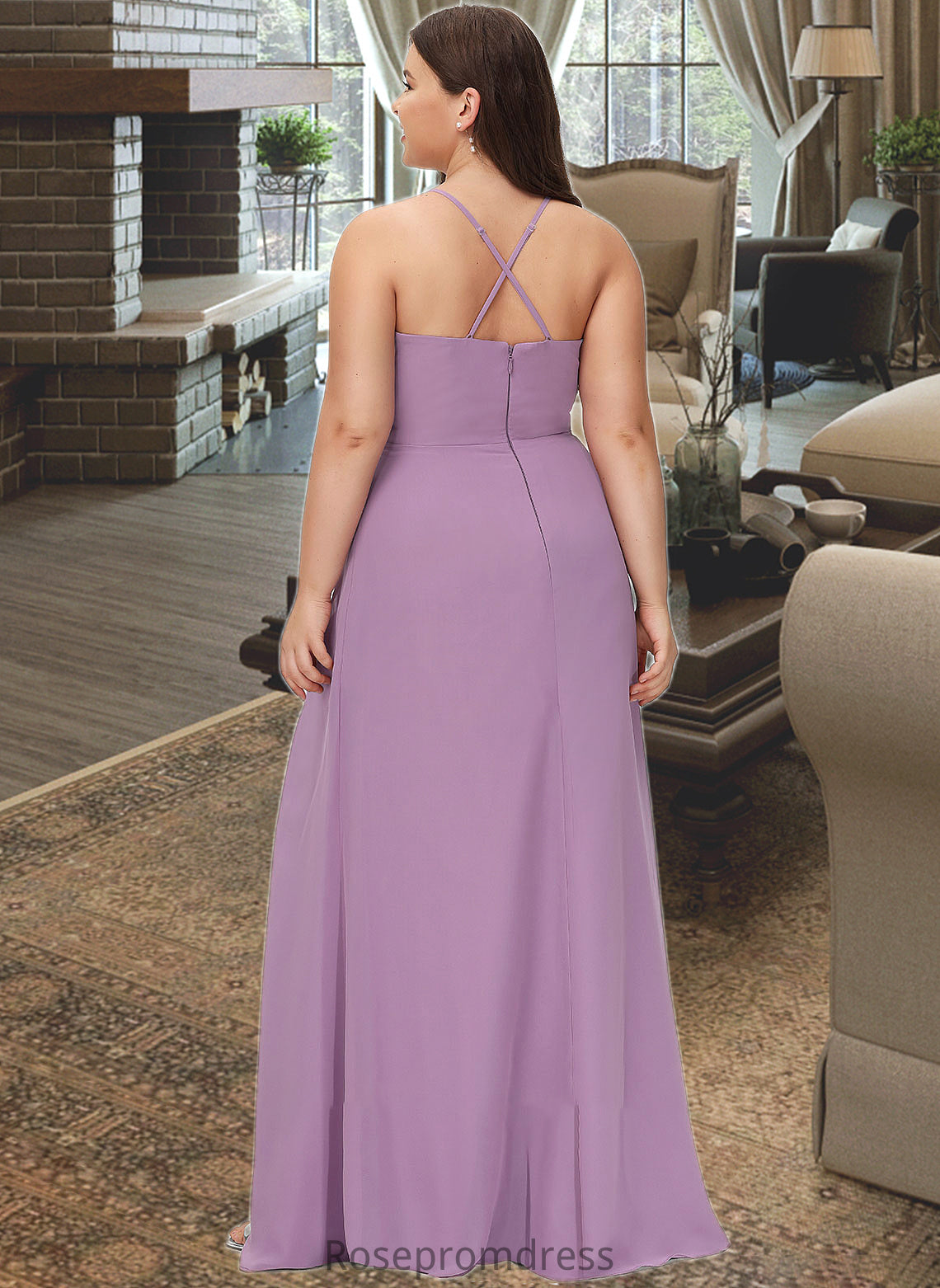 Azaria A-Line V-neck Floor-Length Chiffon Bridesmaid Dress With Ruffle Split Front SRSP0012784