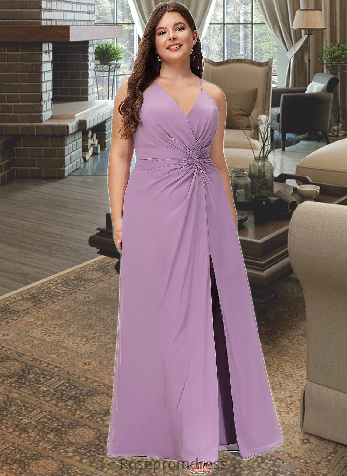 Azaria A-Line V-neck Floor-Length Chiffon Bridesmaid Dress With Ruffle Split Front SRSP0012784