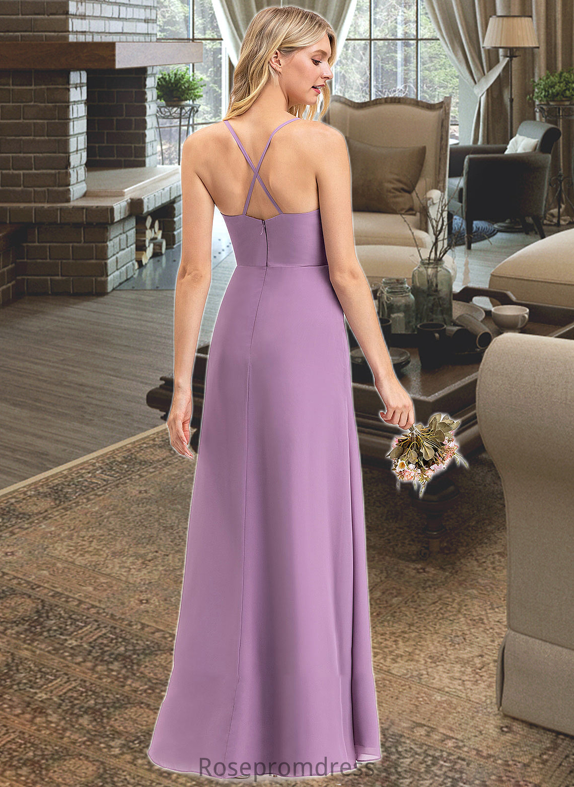 Azaria A-Line V-neck Floor-Length Chiffon Bridesmaid Dress With Ruffle Split Front SRSP0012784