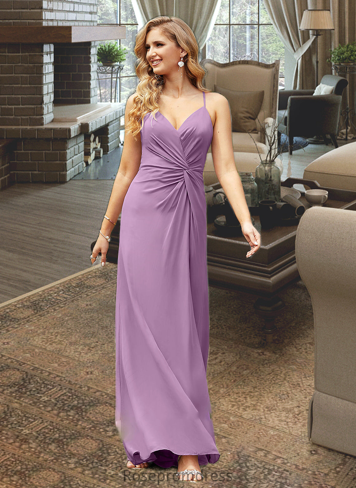 Azaria A-Line V-neck Floor-Length Chiffon Bridesmaid Dress With Ruffle Split Front SRSP0012784