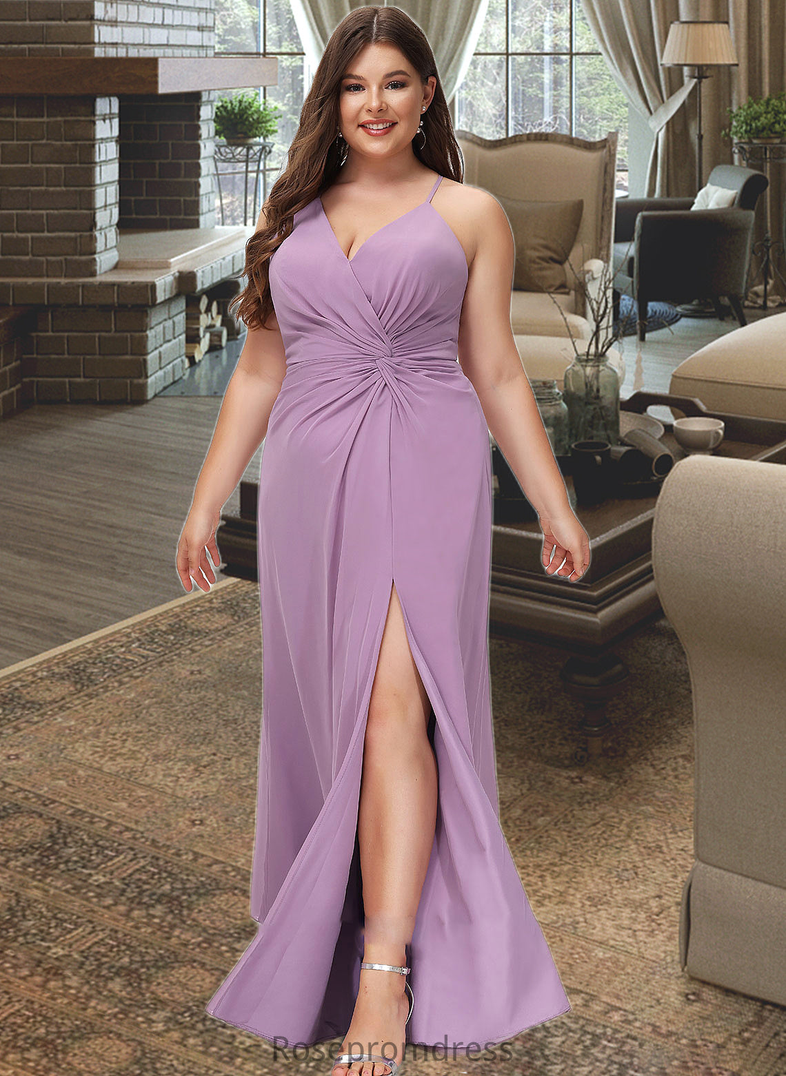 Azaria A-Line V-neck Floor-Length Chiffon Bridesmaid Dress With Ruffle Split Front SRSP0012784