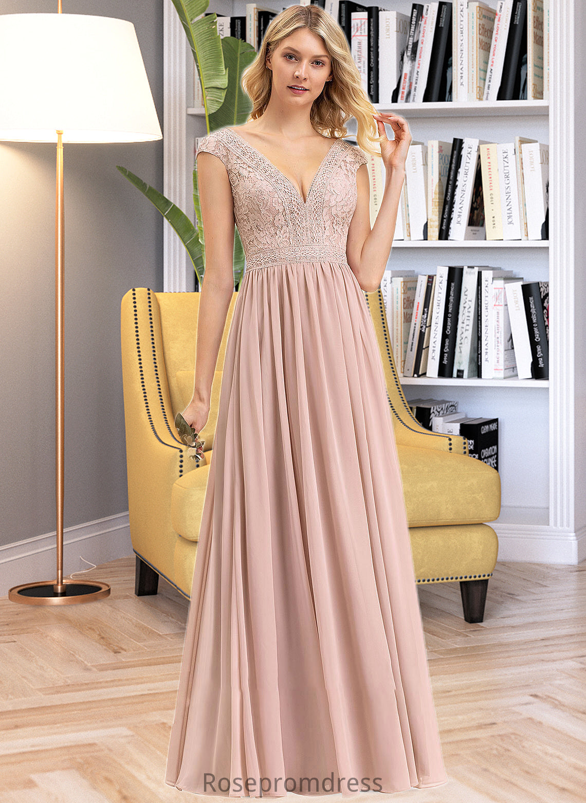 Camilla A-line V-Neck Floor-Length Chiffon Lace Bridesmaid Dress SRSP0012786