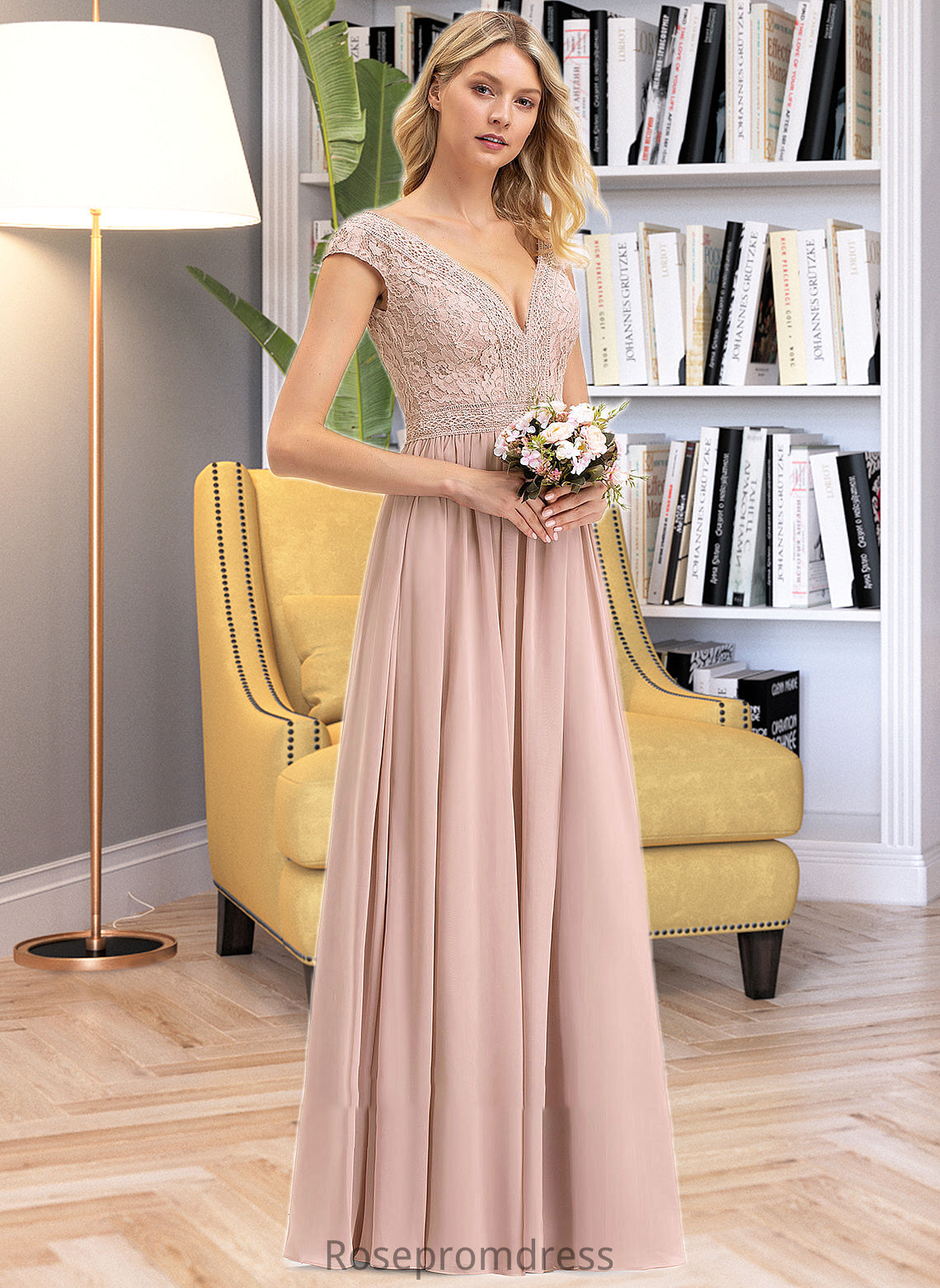 Camilla A-line V-Neck Floor-Length Chiffon Lace Bridesmaid Dress SRSP0012786