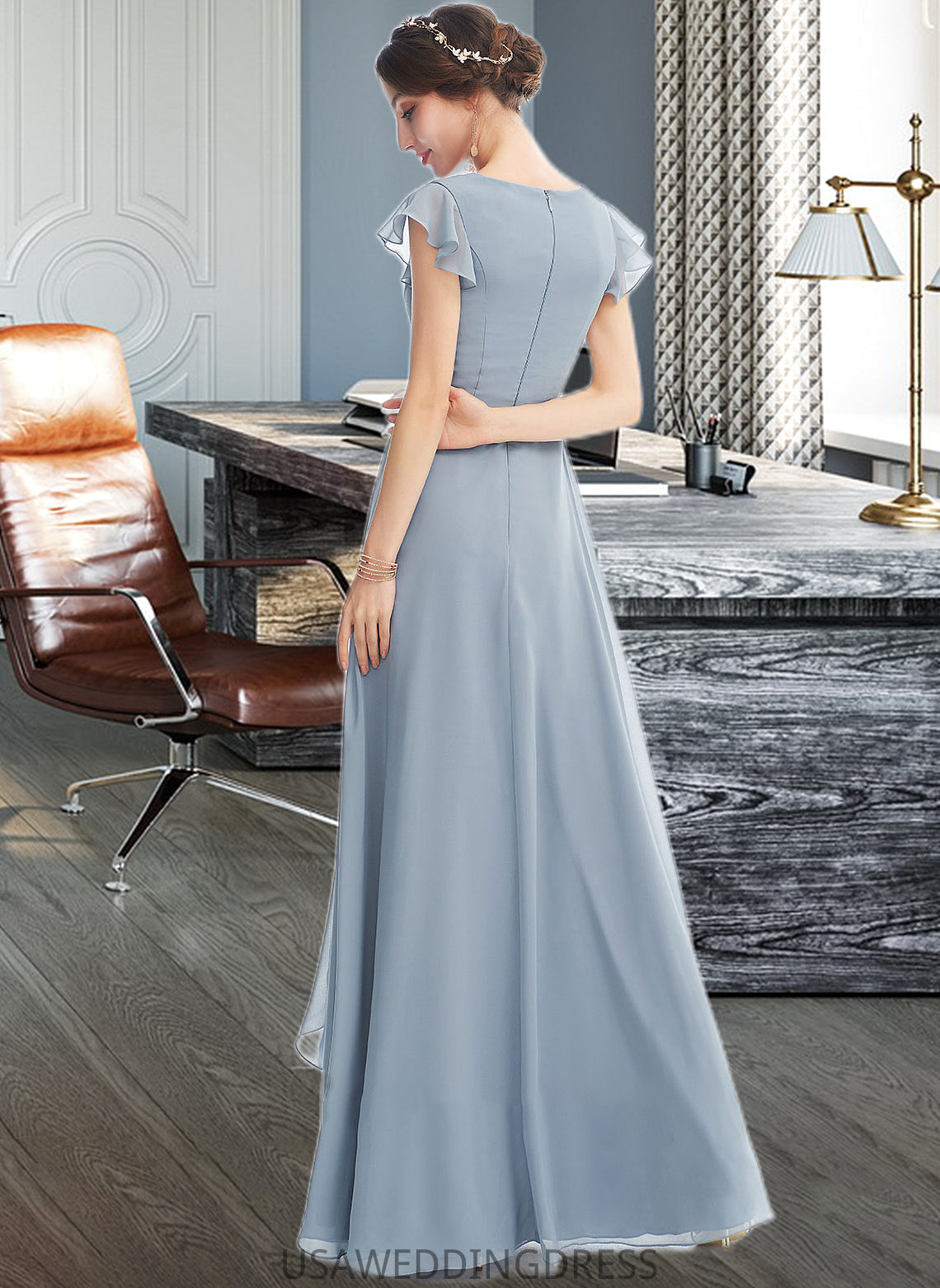Izabelle A-Line V-neck Floor-Length Bridesmaid Dress With Ruffle Split Front DSP0012787