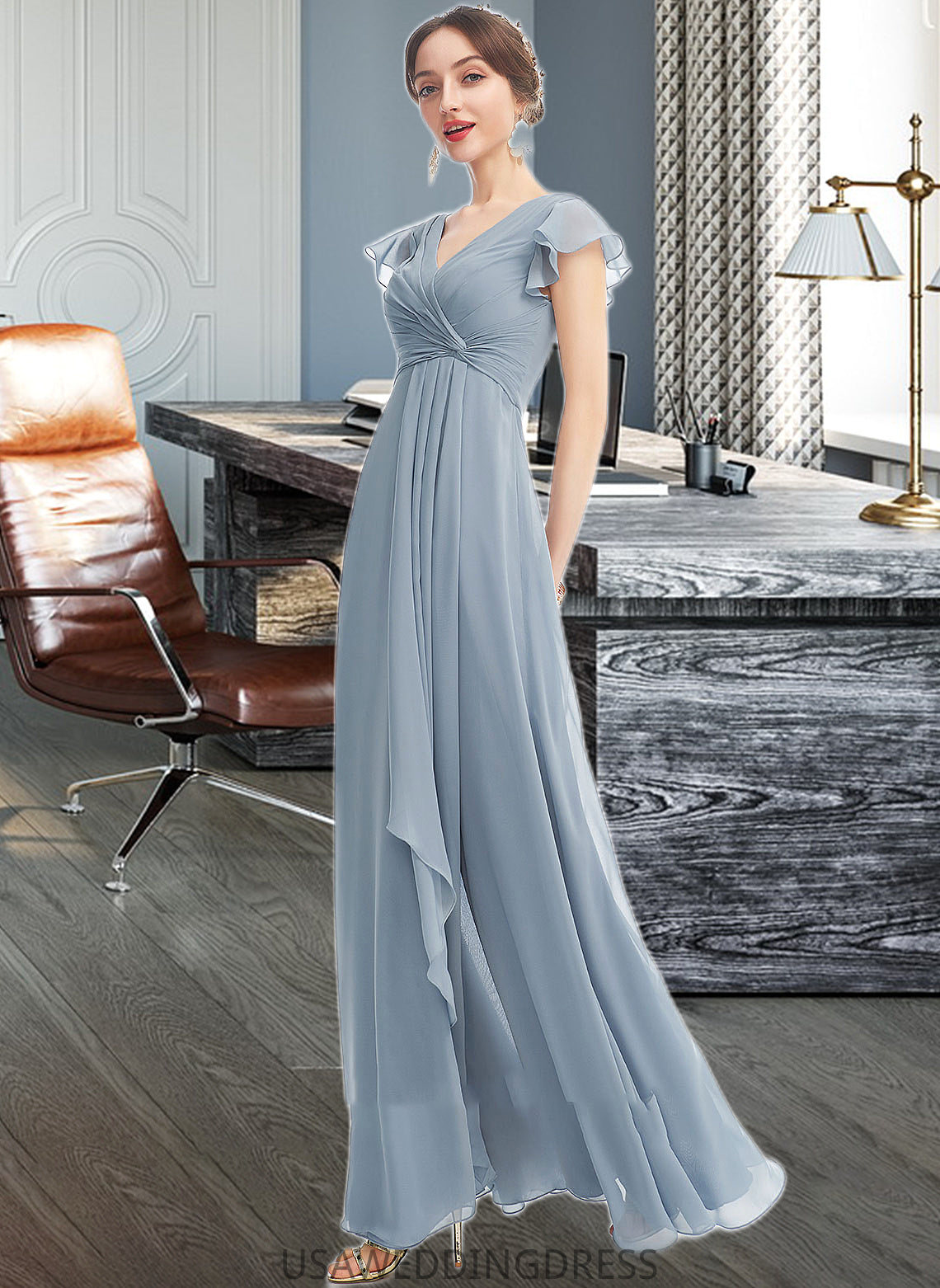 Izabelle A-Line V-neck Floor-Length Bridesmaid Dress With Ruffle Split Front DSP0012787
