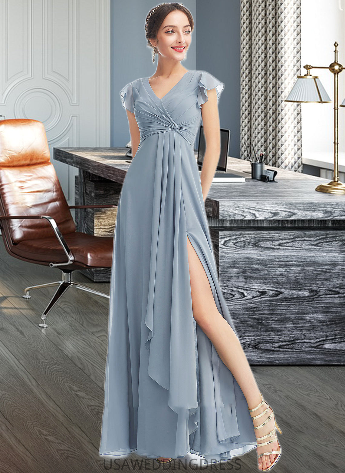 Izabelle A-Line V-neck Floor-Length Bridesmaid Dress With Ruffle Split Front DSP0012787