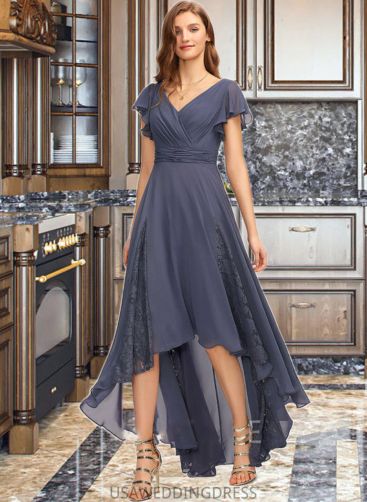 Marcie A-Line V-neck Asymmetrical Chiffon Bridesmaid Dress With Ruffle Lace DSP0012788