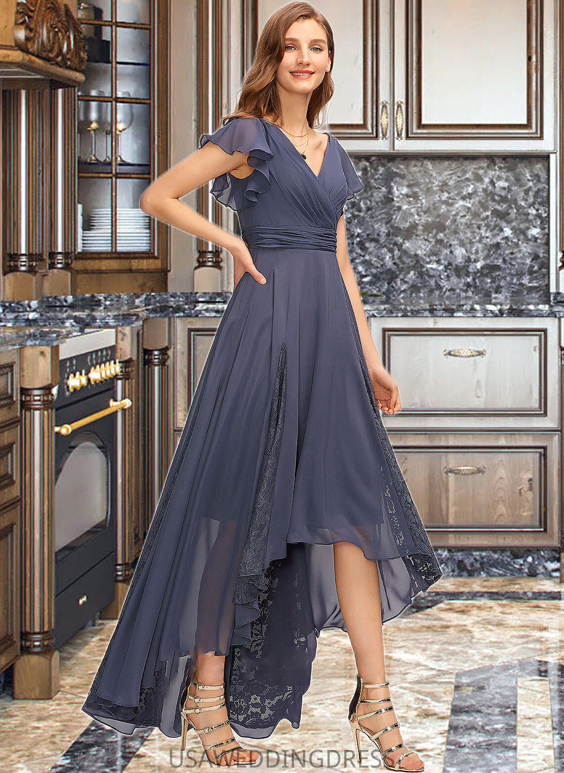 Marcie A-Line V-neck Asymmetrical Chiffon Bridesmaid Dress With Ruffle Lace DSP0012788