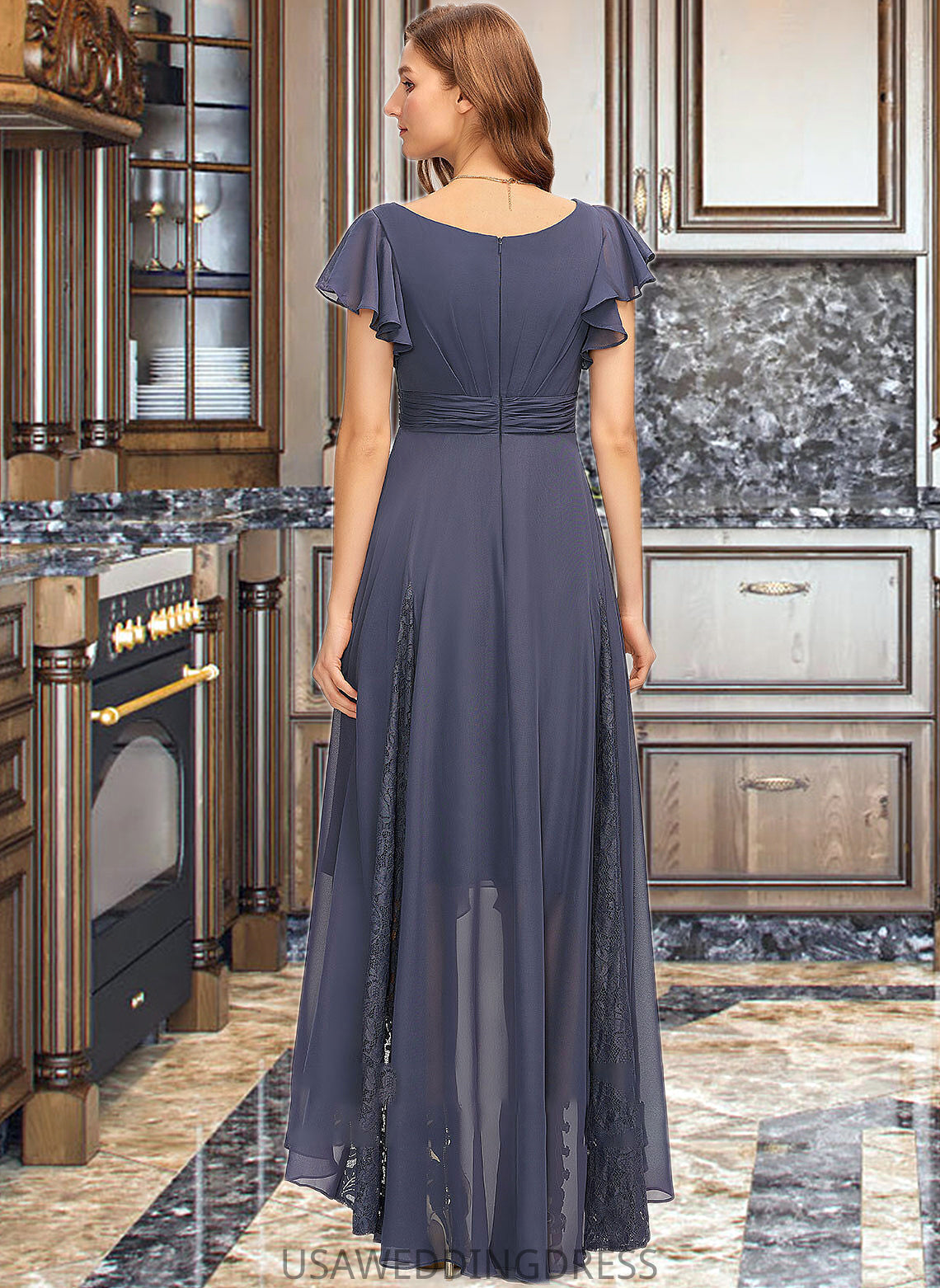 Marcie A-Line V-neck Asymmetrical Chiffon Bridesmaid Dress With Ruffle Lace DSP0012788