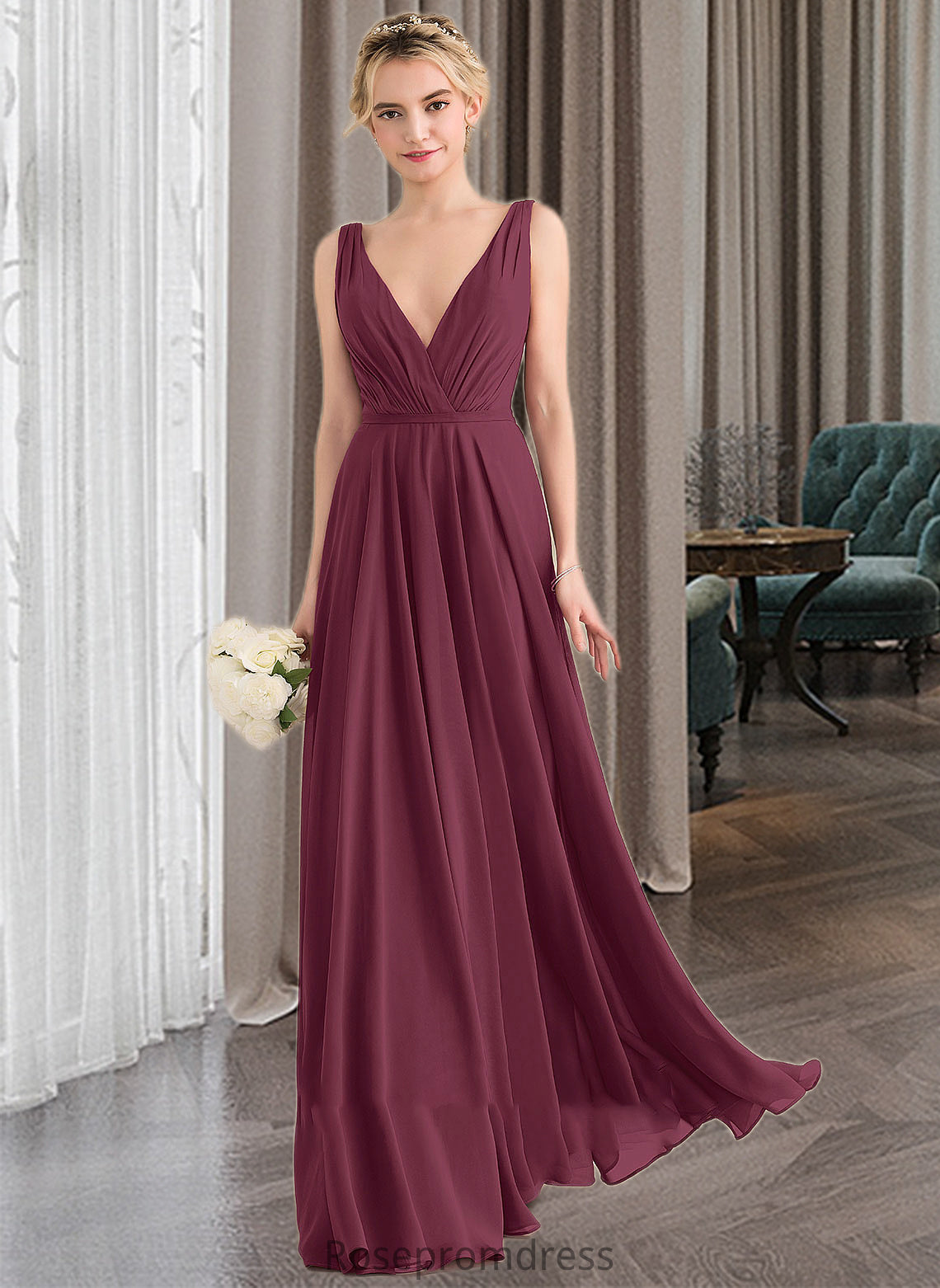 Marin A-Line V-neck Floor-Length Chiffon Bridesmaid Dress With Ruffle SRSP0012789