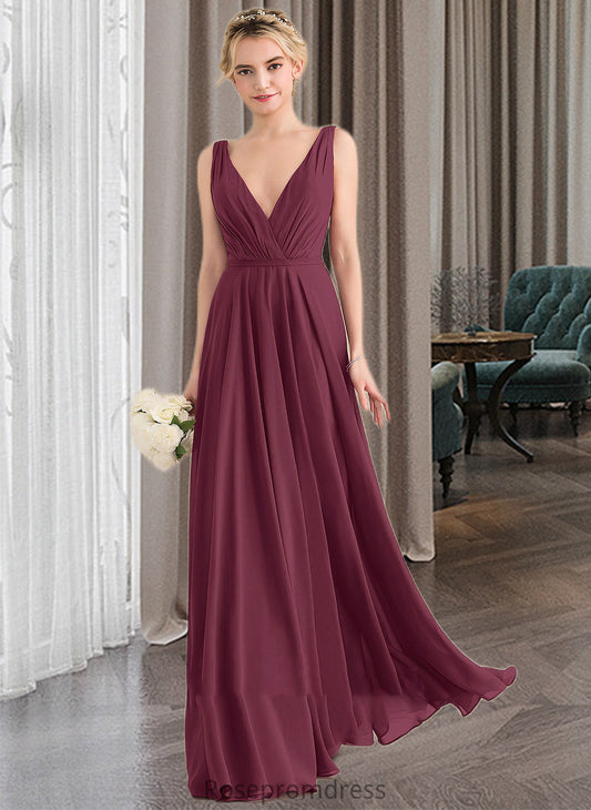 Marin A-Line V-neck Floor-Length Chiffon Bridesmaid Dress With Ruffle SRSP0012789