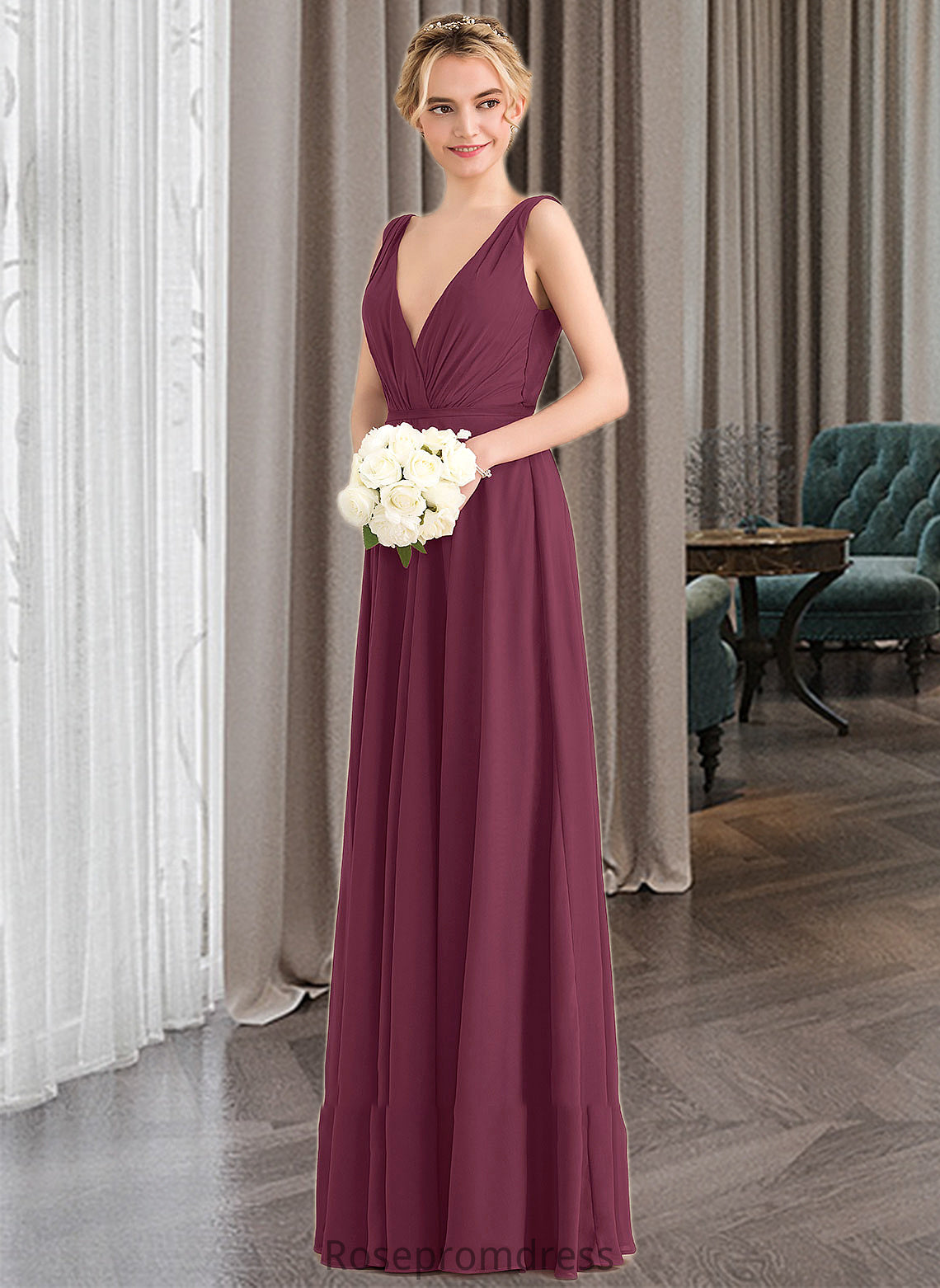 Marin A-Line V-neck Floor-Length Chiffon Bridesmaid Dress With Ruffle SRSP0012789