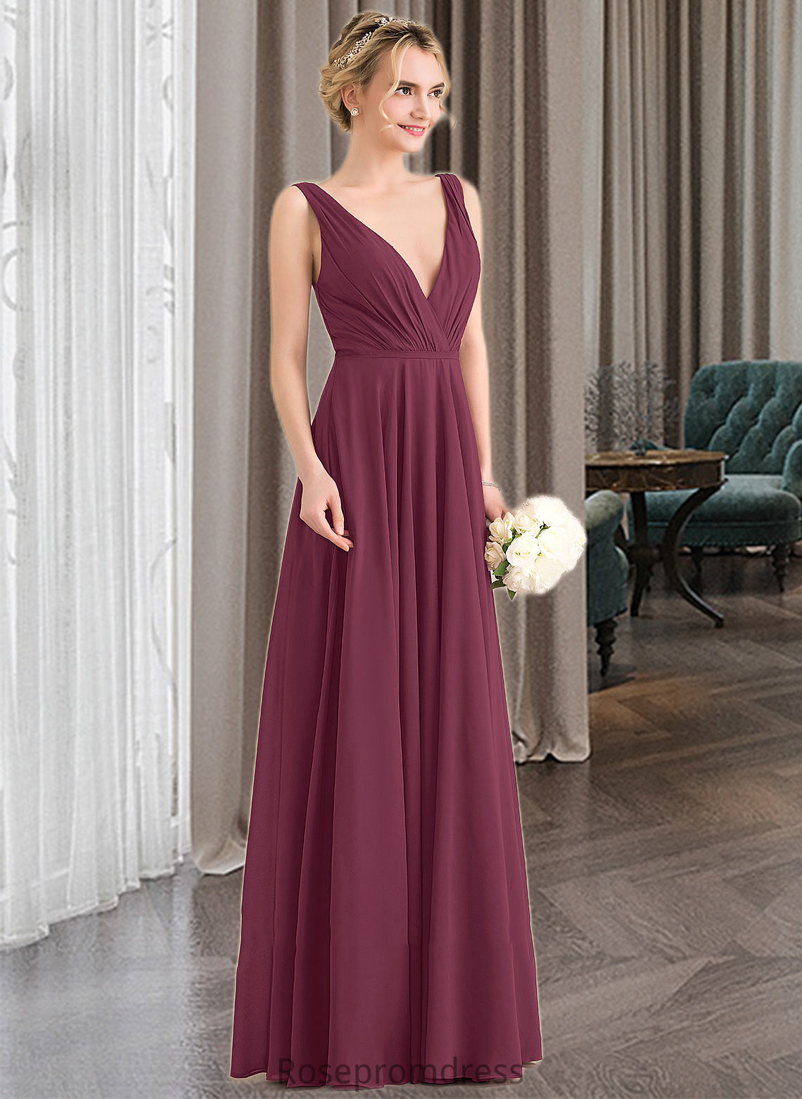 Marin A-Line V-neck Floor-Length Chiffon Bridesmaid Dress With Ruffle SRSP0012789