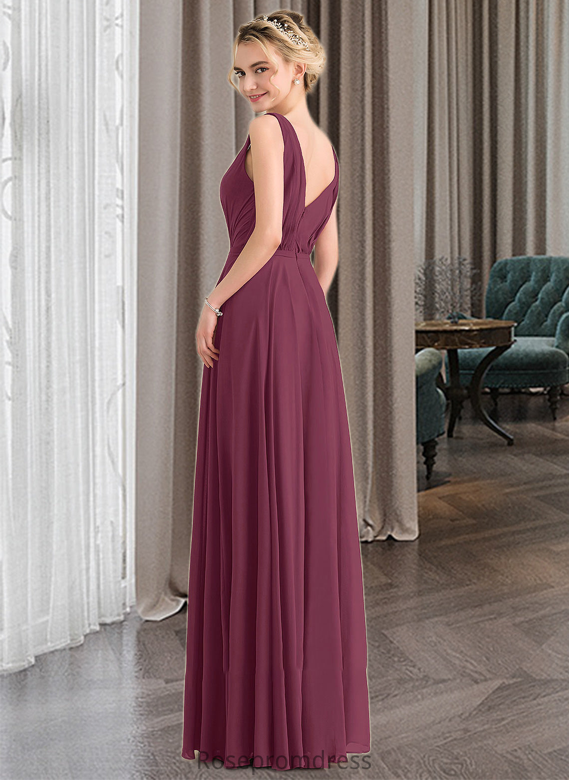 Marin A-Line V-neck Floor-Length Chiffon Bridesmaid Dress With Ruffle SRSP0012789
