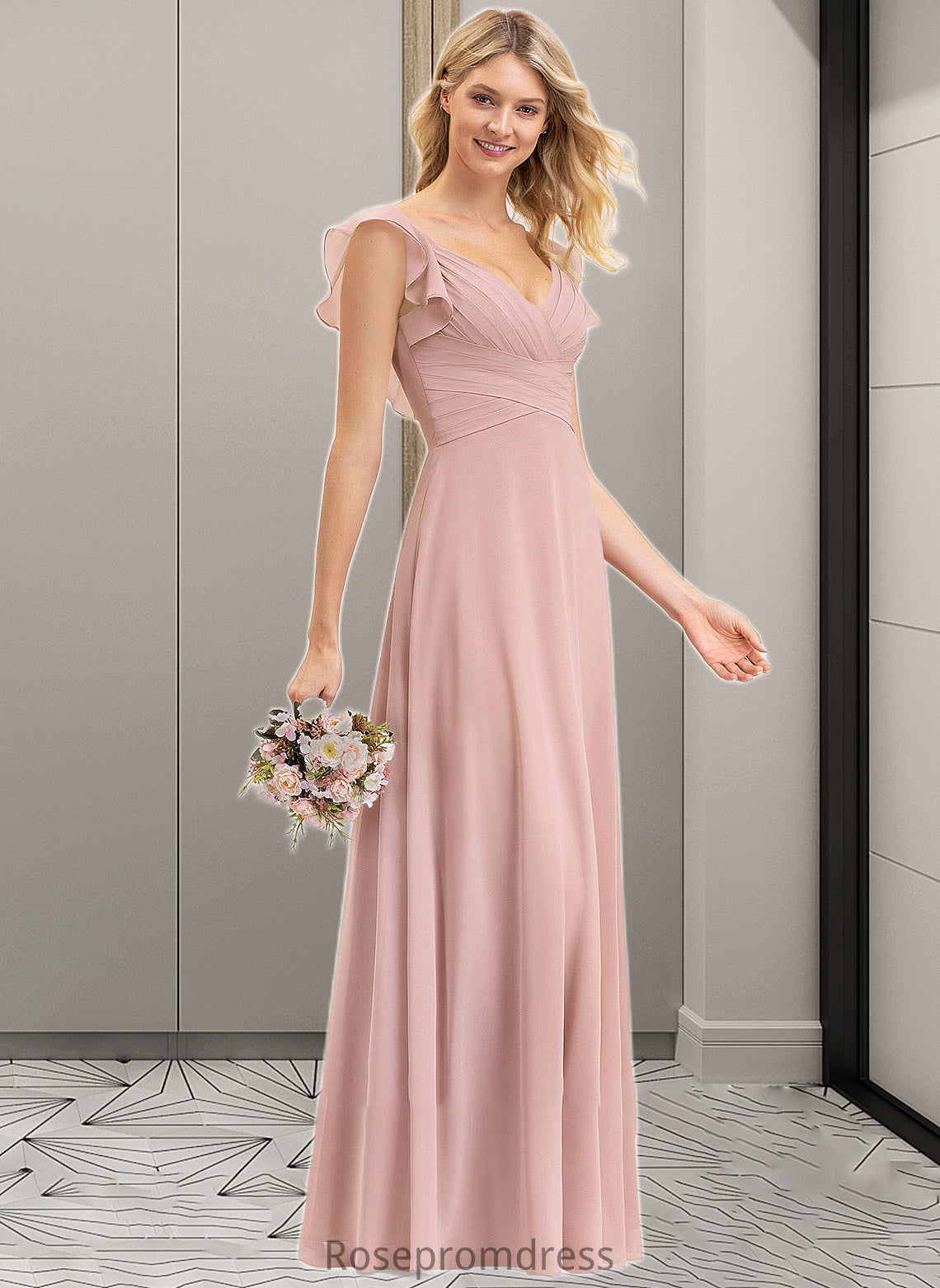 Taryn Empire V-Neck Floor-Length Chiffon Bridesmaid Dress With Cascading Ruffles SRSP0012790