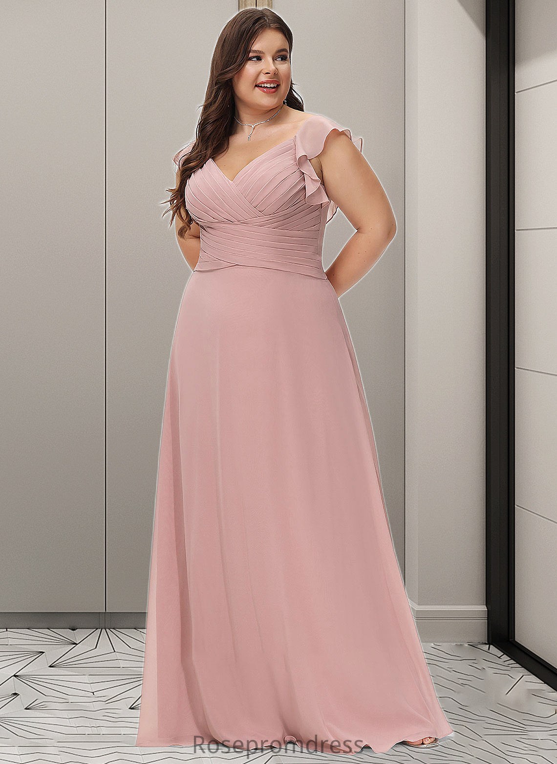 Taryn Empire V-Neck Floor-Length Chiffon Bridesmaid Dress With Cascading Ruffles SRSP0012790