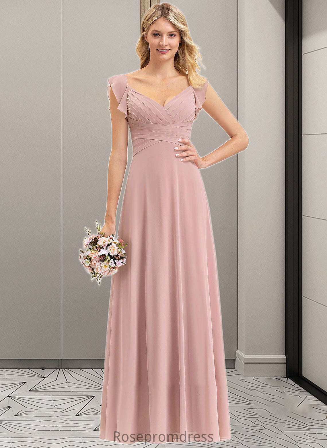 Taryn Empire V-Neck Floor-Length Chiffon Bridesmaid Dress With Cascading Ruffles SRSP0012790