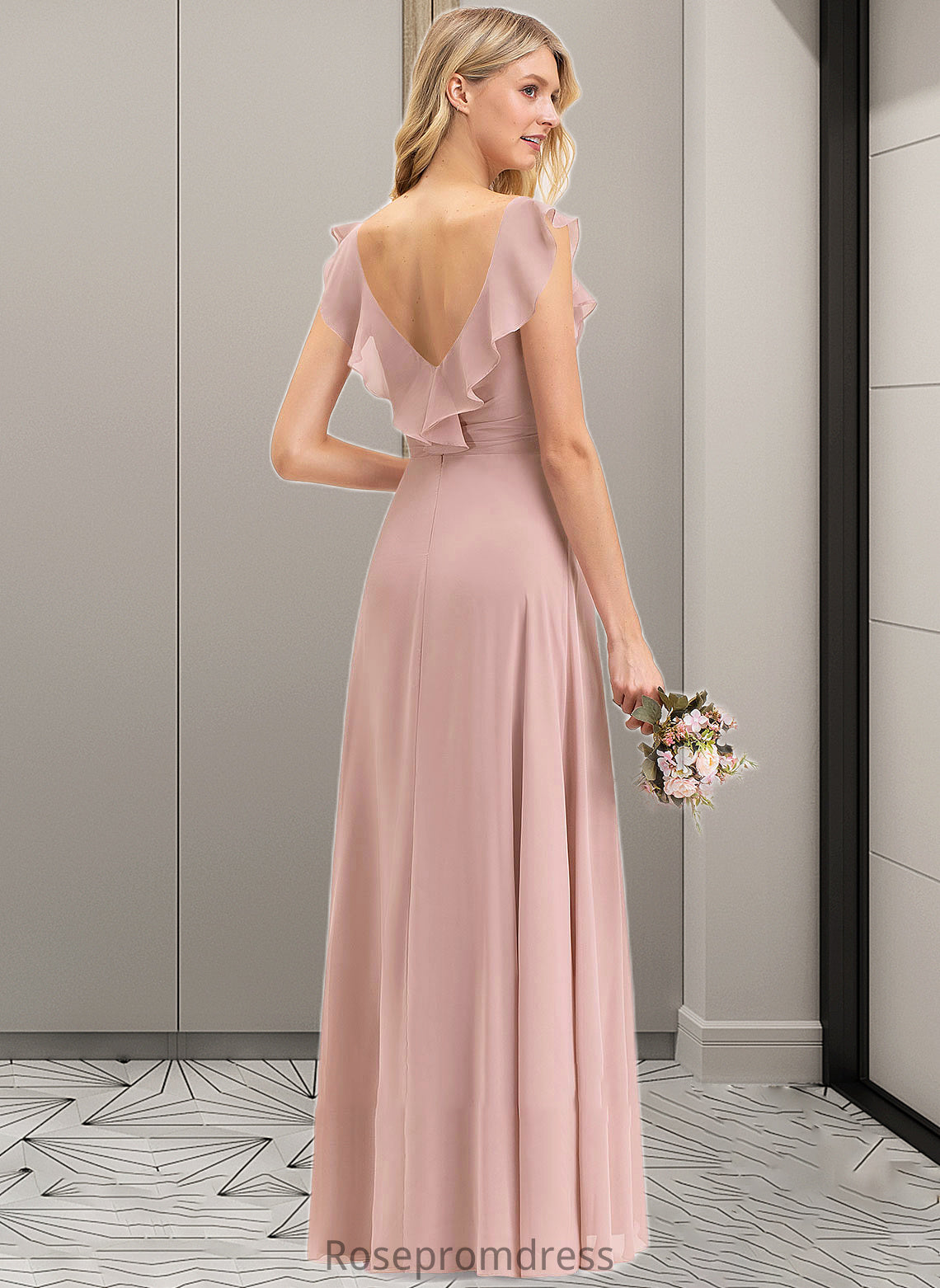Taryn Empire V-Neck Floor-Length Chiffon Bridesmaid Dress With Cascading Ruffles SRSP0012790