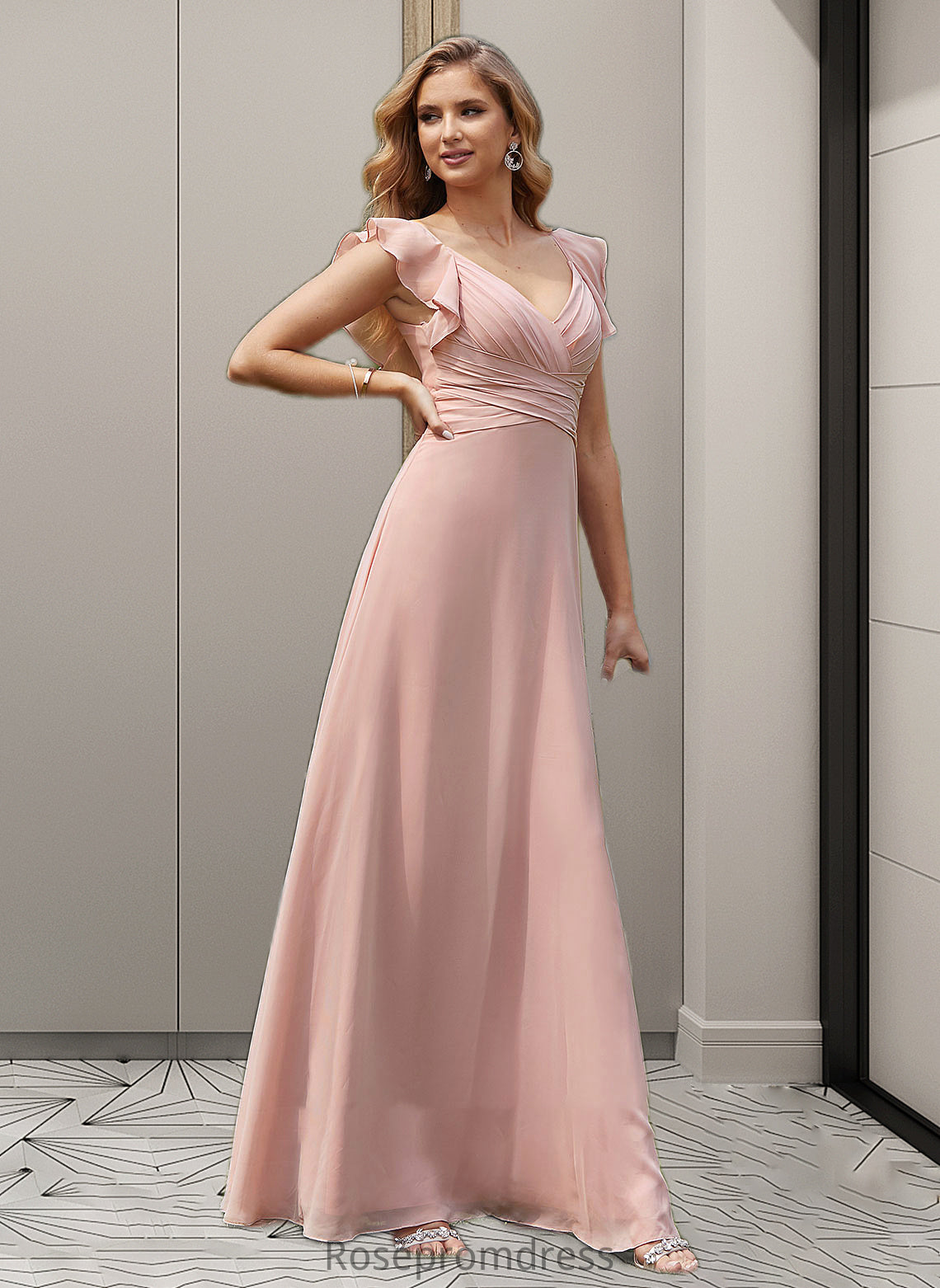 Taryn Empire V-Neck Floor-Length Chiffon Bridesmaid Dress With Cascading Ruffles SRSP0012790