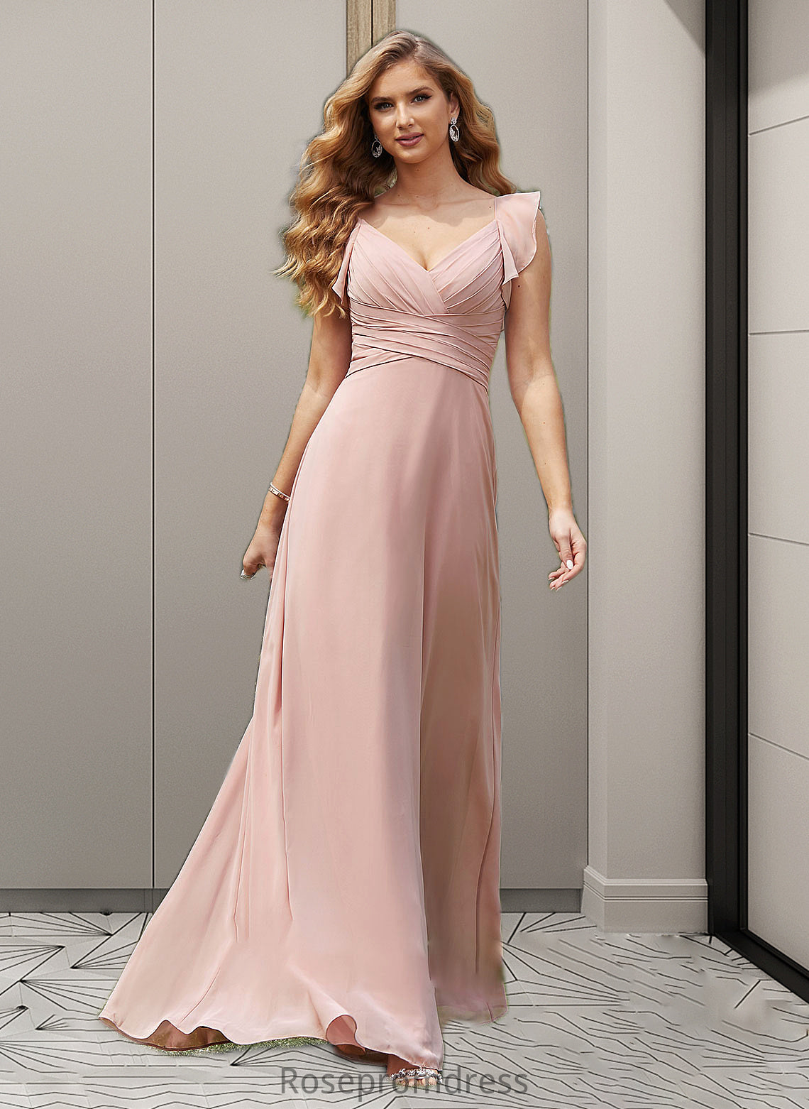 Taryn Empire V-Neck Floor-Length Chiffon Bridesmaid Dress With Cascading Ruffles SRSP0012790