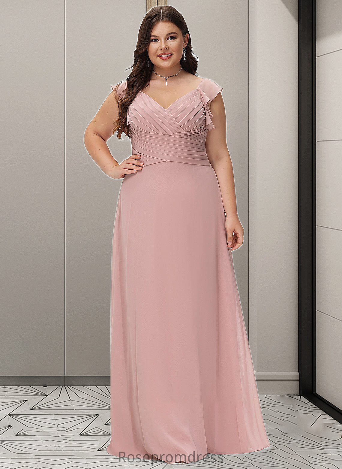 Taryn Empire V-Neck Floor-Length Chiffon Bridesmaid Dress With Cascading Ruffles SRSP0012790