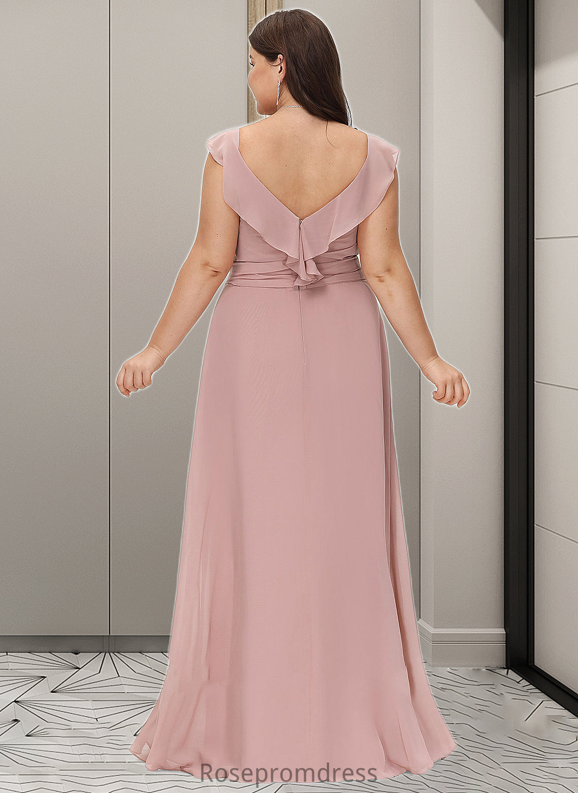 Taryn Empire V-Neck Floor-Length Chiffon Bridesmaid Dress With Cascading Ruffles SRSP0012790