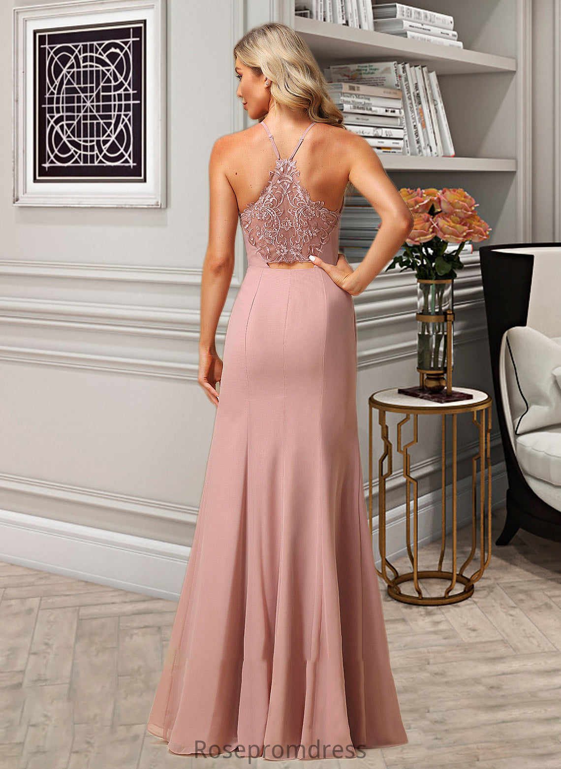 Livia A-Line High Neck Floor-Length Bridesmaid Dress With Lace Split Front SRSP0012791