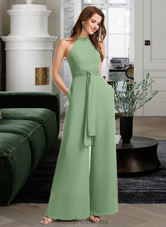 Audrey Jumpsuit/Pantsuit High Neck Floor-Length Bridesmaid Dress With Bow(s) SRSP0012792