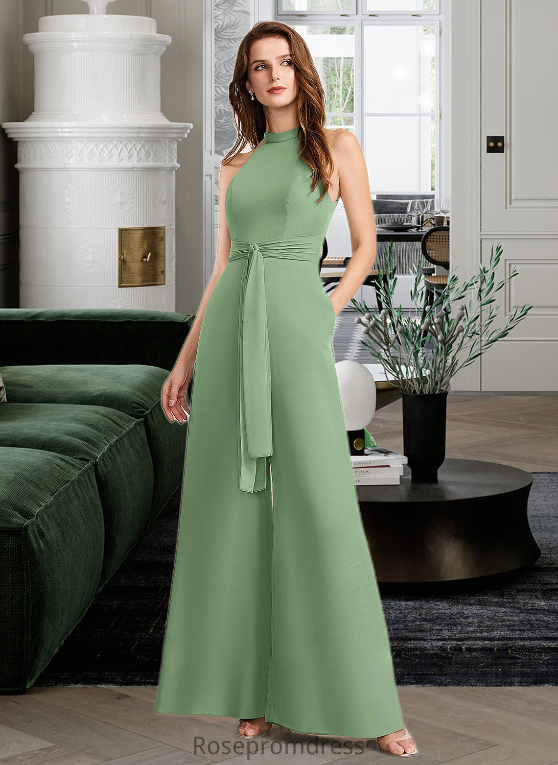 Audrey Jumpsuit/Pantsuit High Neck Floor-Length Bridesmaid Dress With Bow(s) SRSP0012792