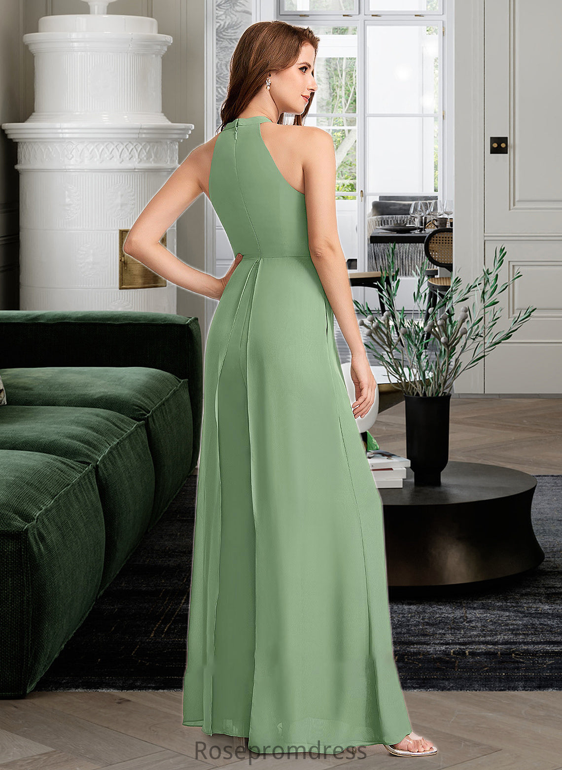 Audrey Jumpsuit/Pantsuit High Neck Floor-Length Bridesmaid Dress With Bow(s) SRSP0012792