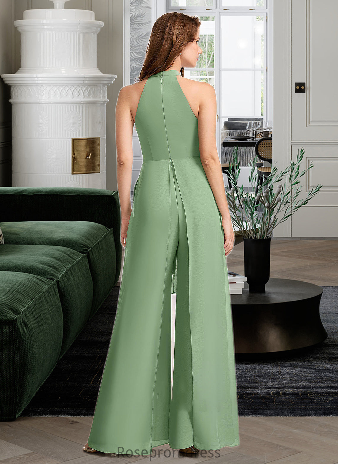 Audrey Jumpsuit/Pantsuit High Neck Floor-Length Bridesmaid Dress With Bow(s) SRSP0012792