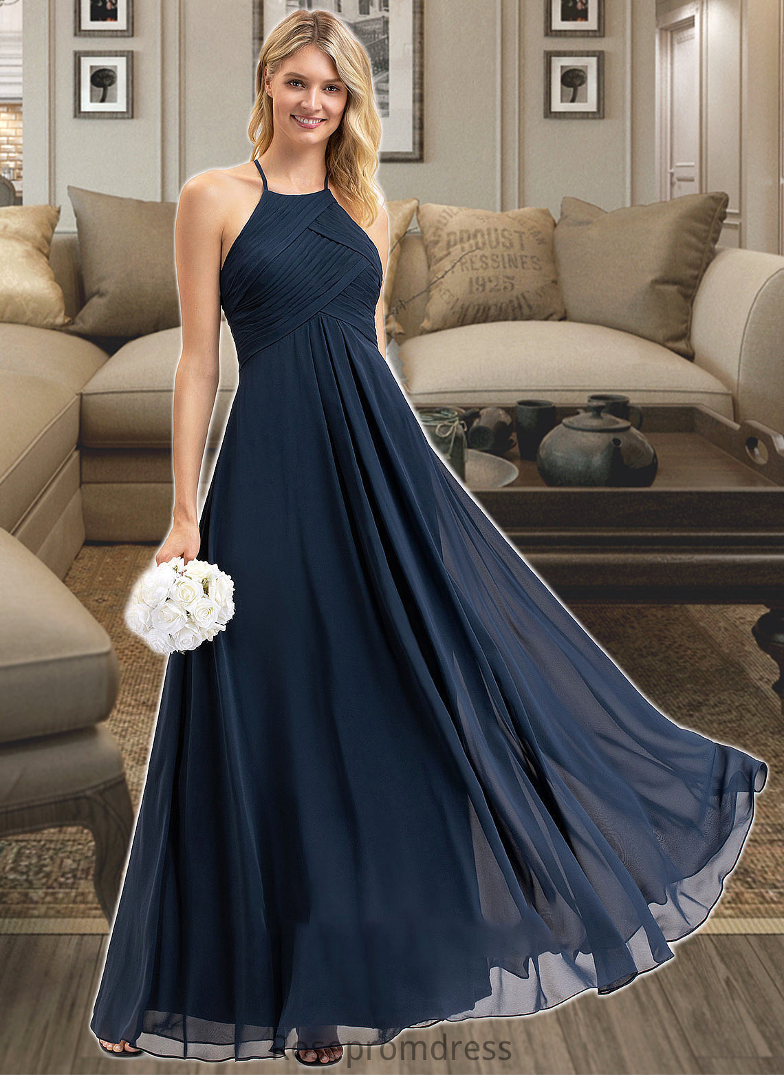 Kara A-Line Scoop Neck Floor-Length Chiffon Bridesmaid Dress With Ruffle SRSP0012793