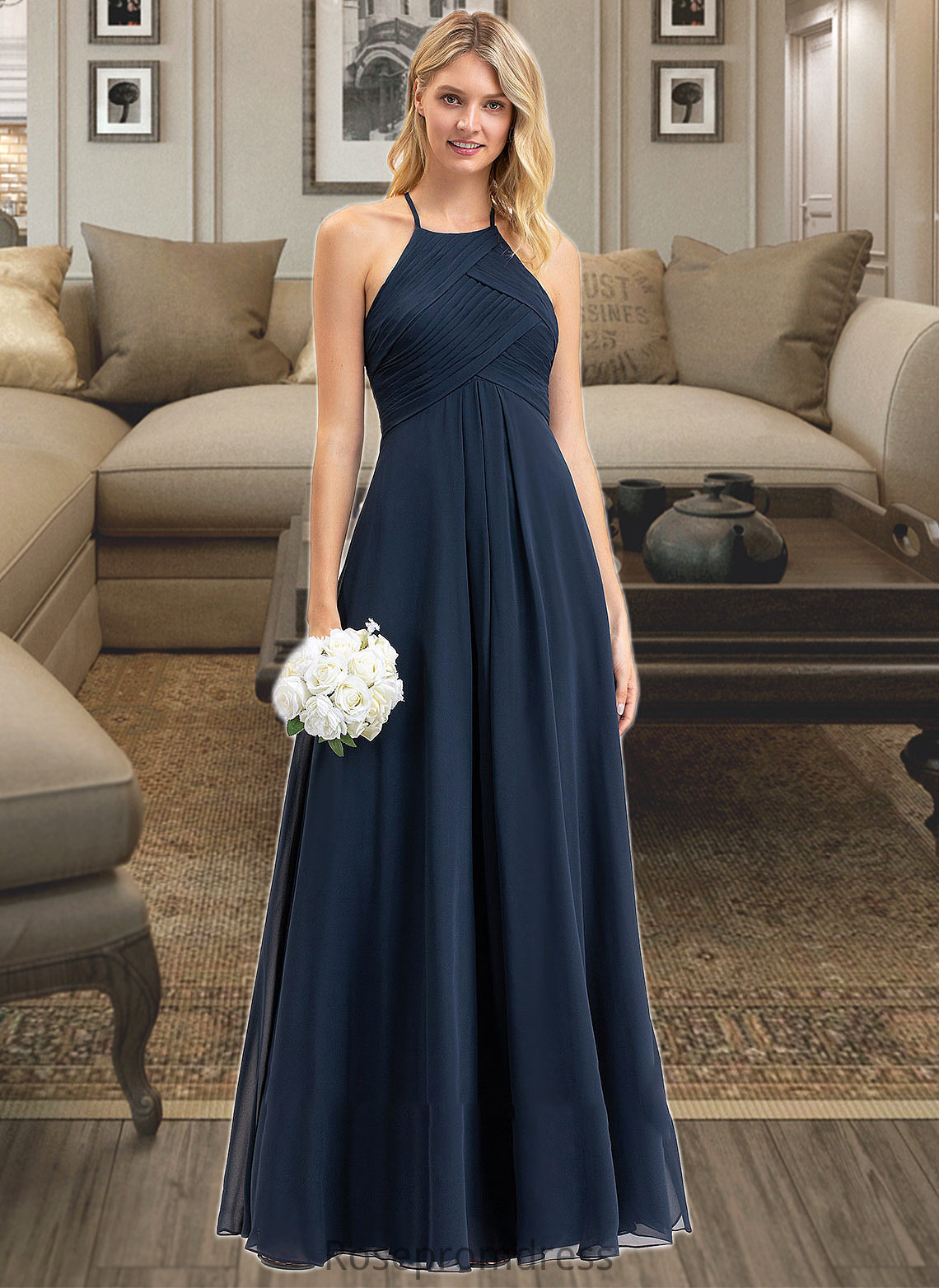 Kara A-Line Scoop Neck Floor-Length Chiffon Bridesmaid Dress With Ruffle SRSP0012793