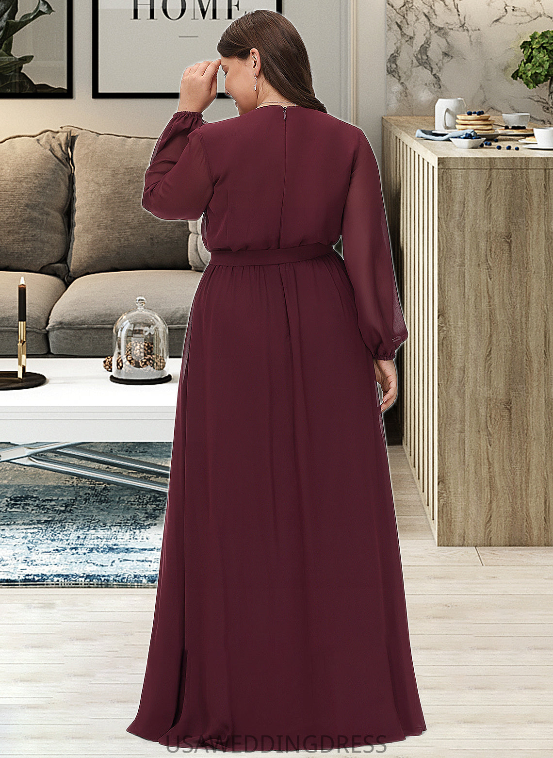 Winifred A-Line V-neck Floor-Length Chiffon Bridesmaid Dress With Ruffle Bow(s) Split Front DSP0012795