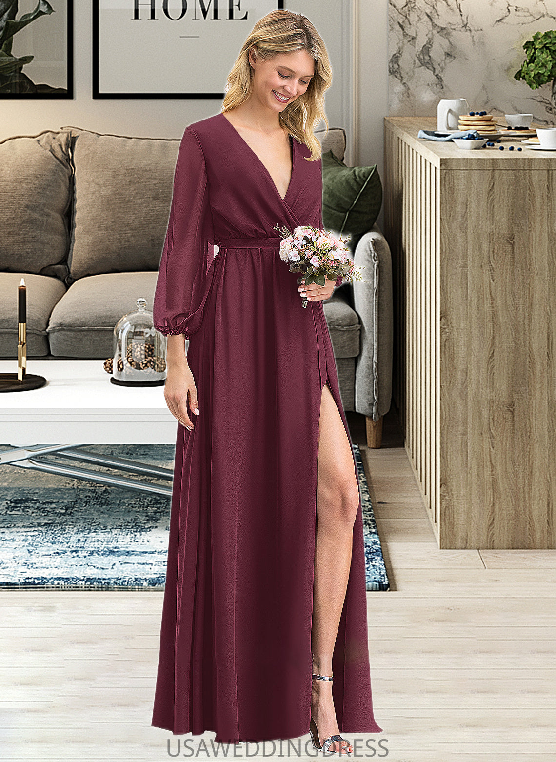 Winifred A-Line V-neck Floor-Length Chiffon Bridesmaid Dress With Ruffle Bow(s) Split Front DSP0012795