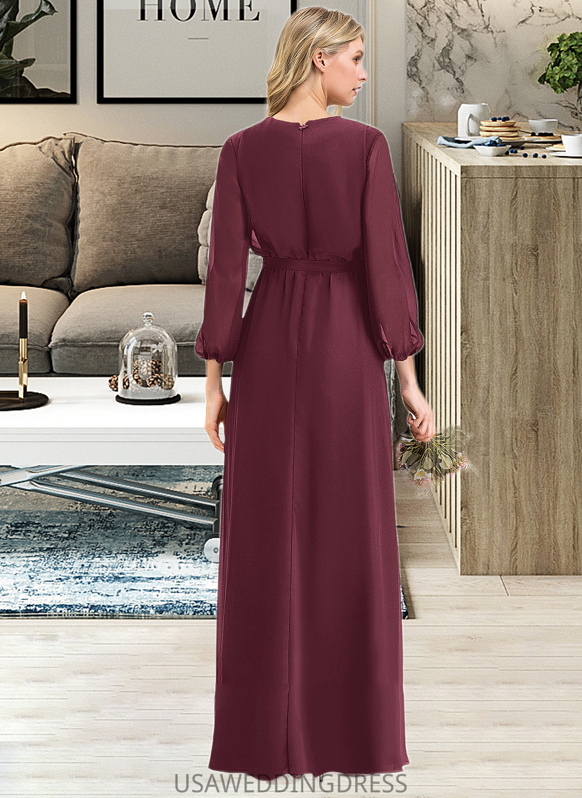 Winifred A-Line V-neck Floor-Length Chiffon Bridesmaid Dress With Ruffle Bow(s) Split Front DSP0012795